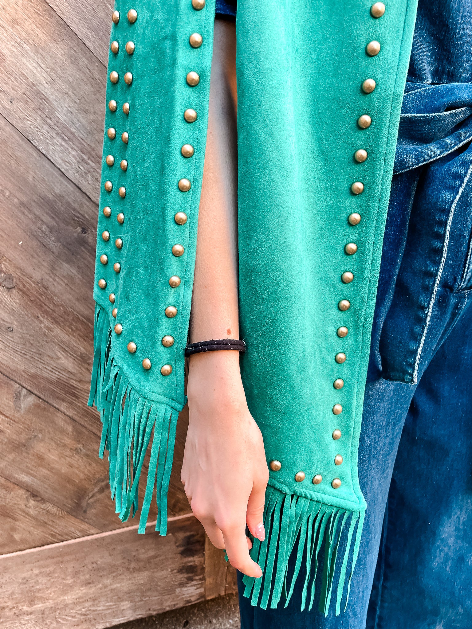 Suede Studded Fringe Cape - Turquoise