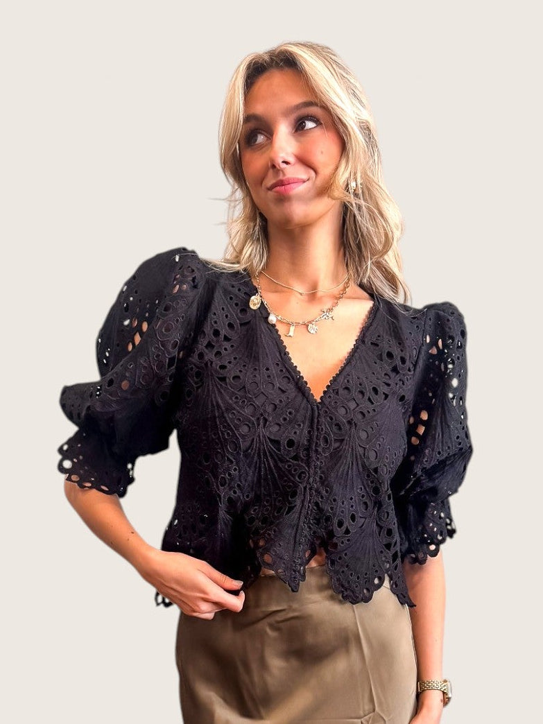 Selena Lace Crop Blouse - Black