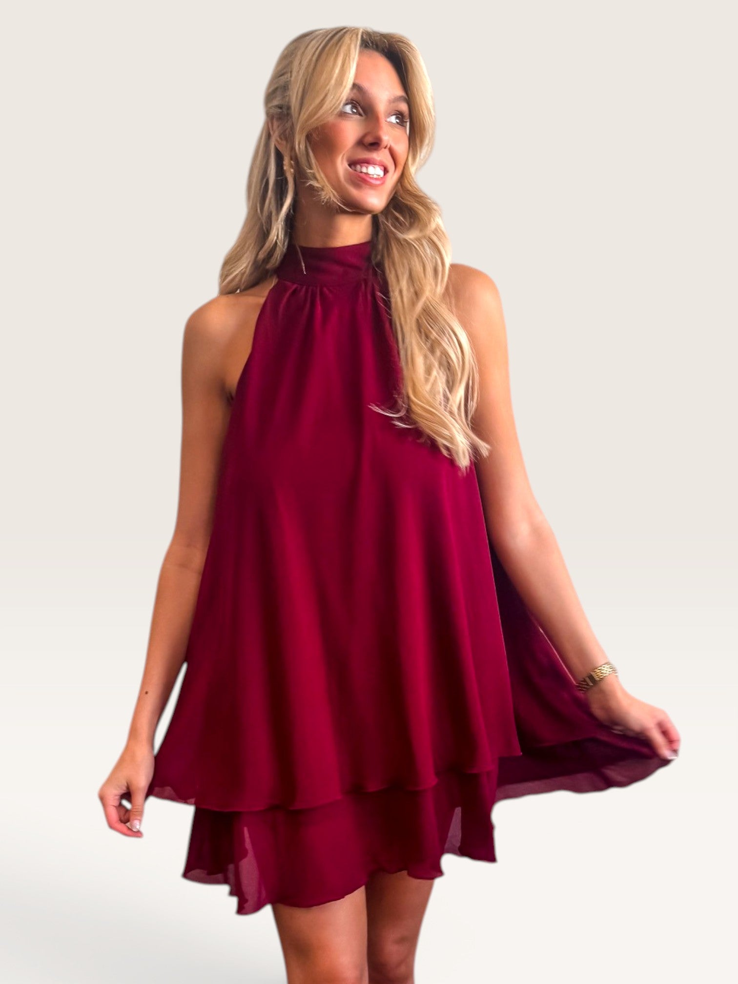 Ruffle Hem Mini Dress - Maroon