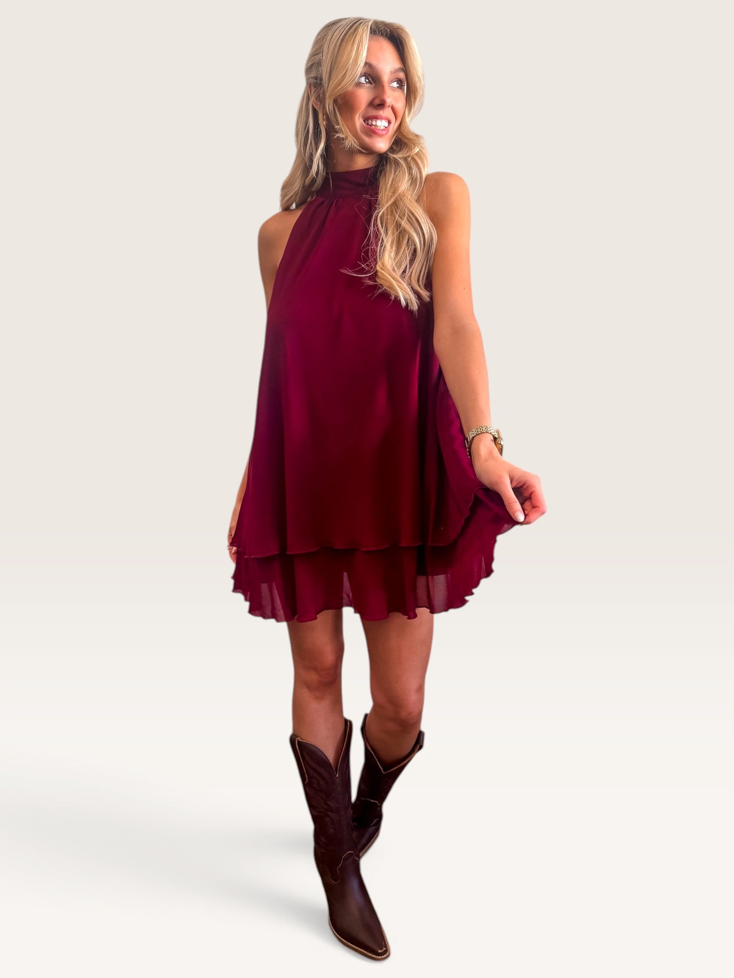 Ruffle Hem Mini Dress - Maroon