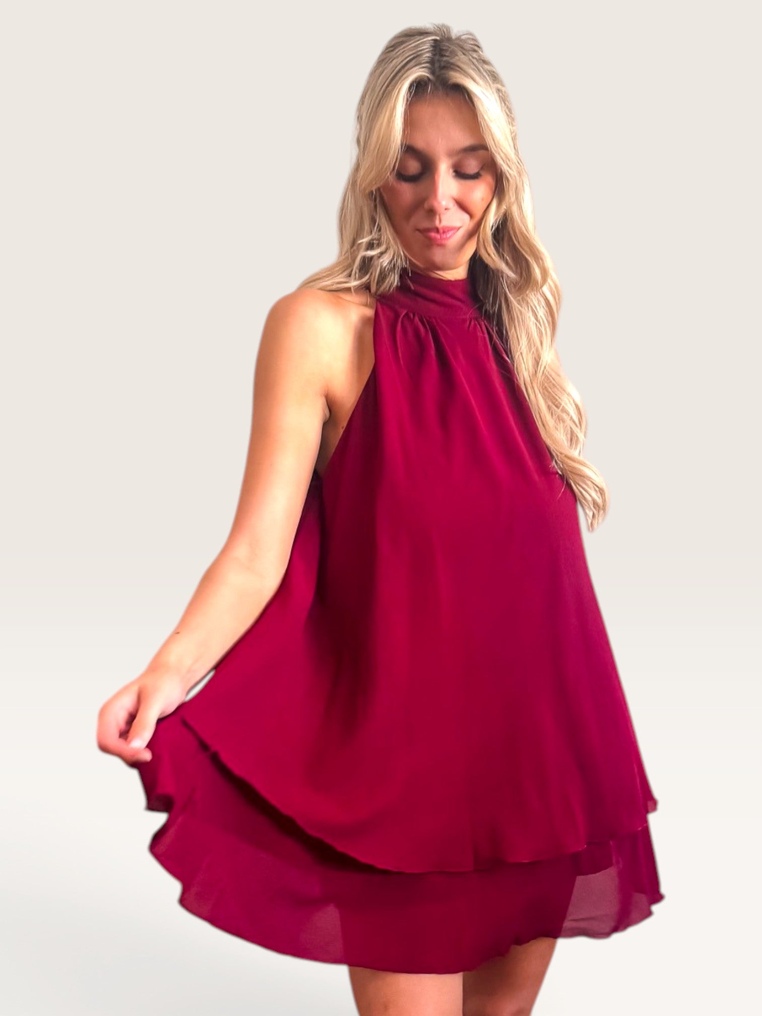 Ruffle Hem Mini Dress - Maroon