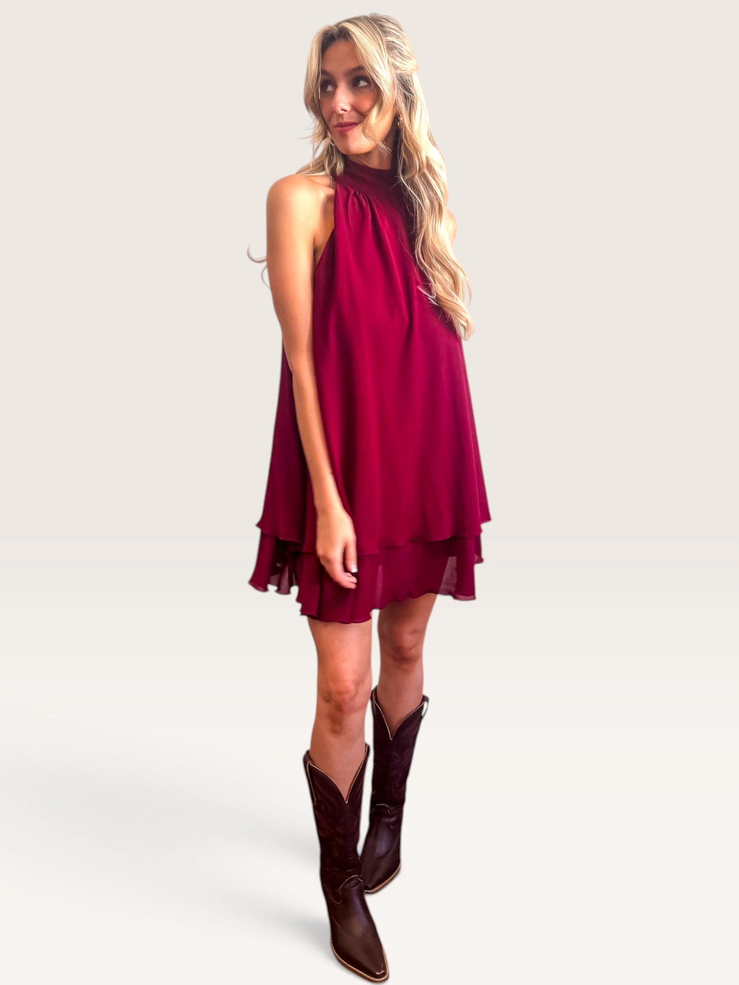 Ruffle Hem Mini Dress - Maroon