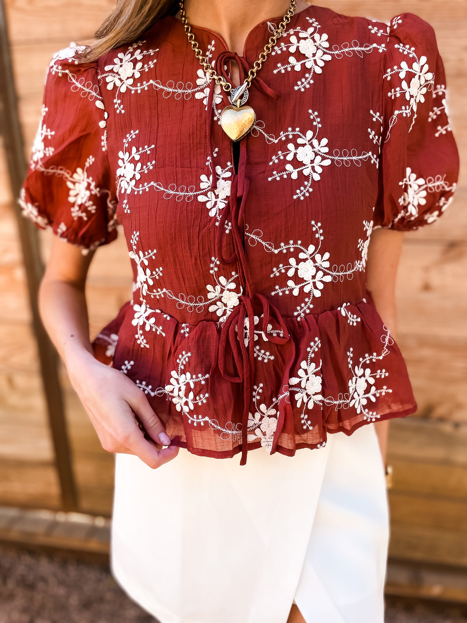 Floral Bows Embroidered Top - Maroon