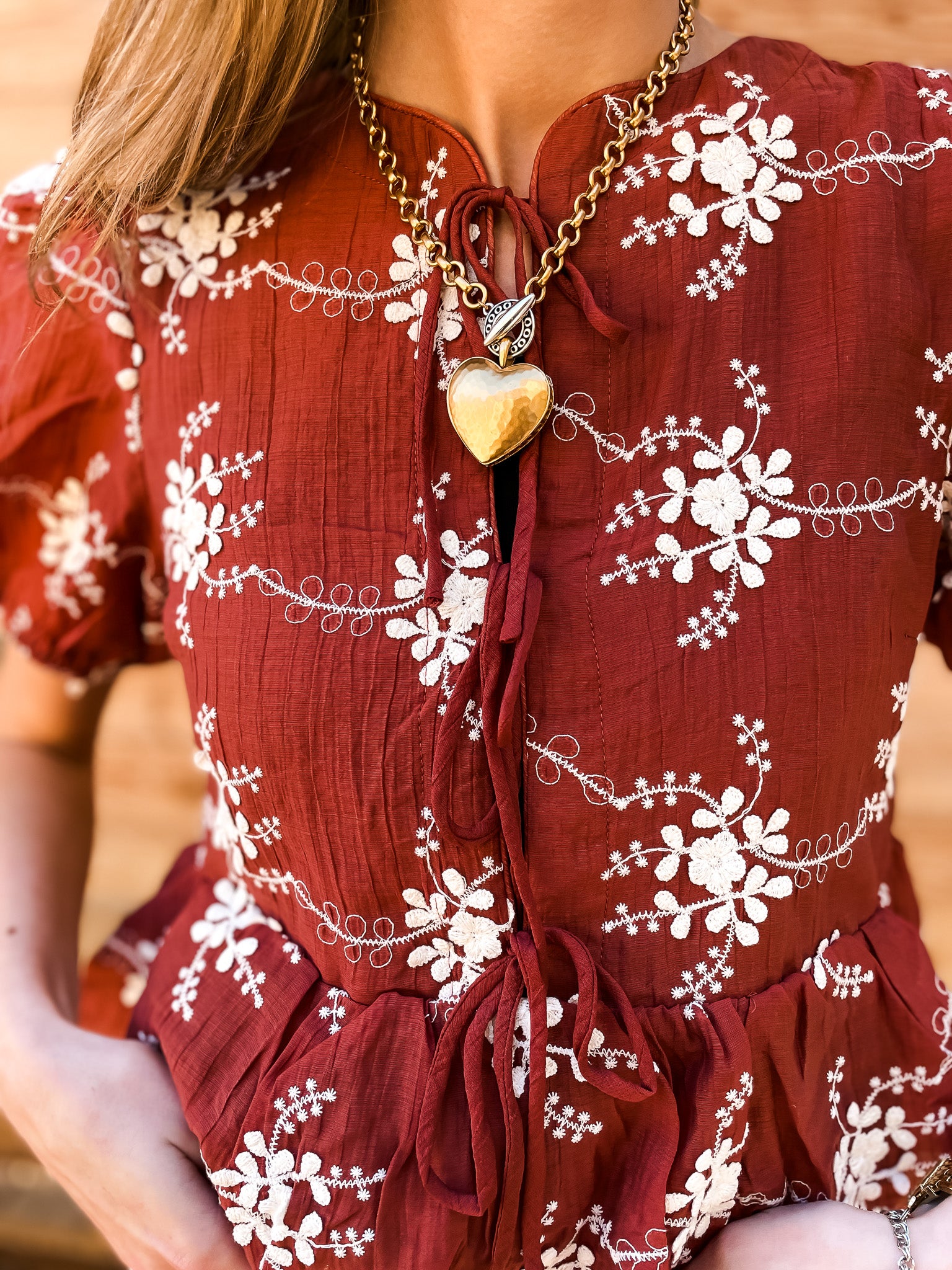 Floral Bows Embroidered Top - Maroon