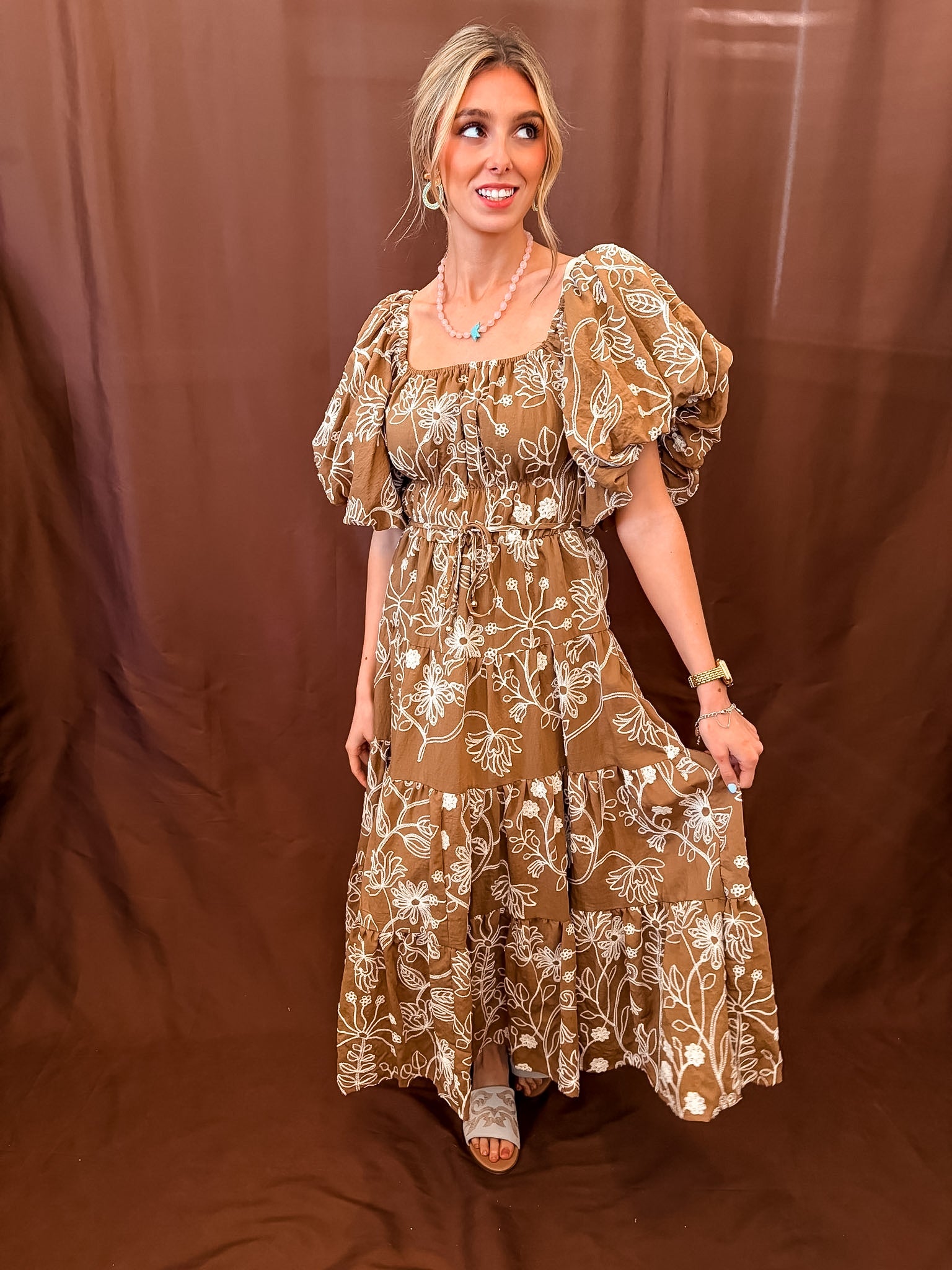 Floral Embroidered Dress - Light Brown