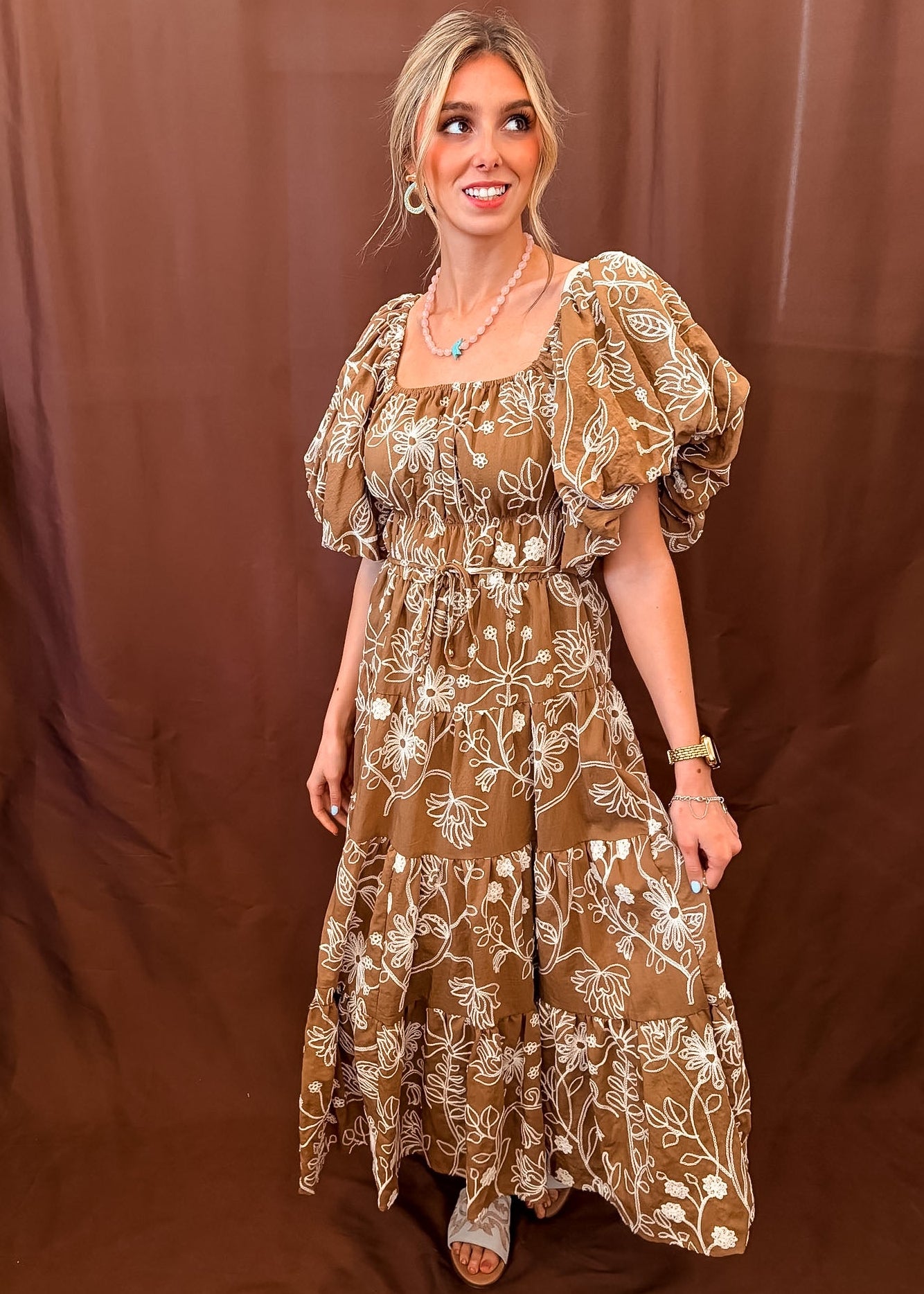 Floral Embroidered Dress - Light Brown