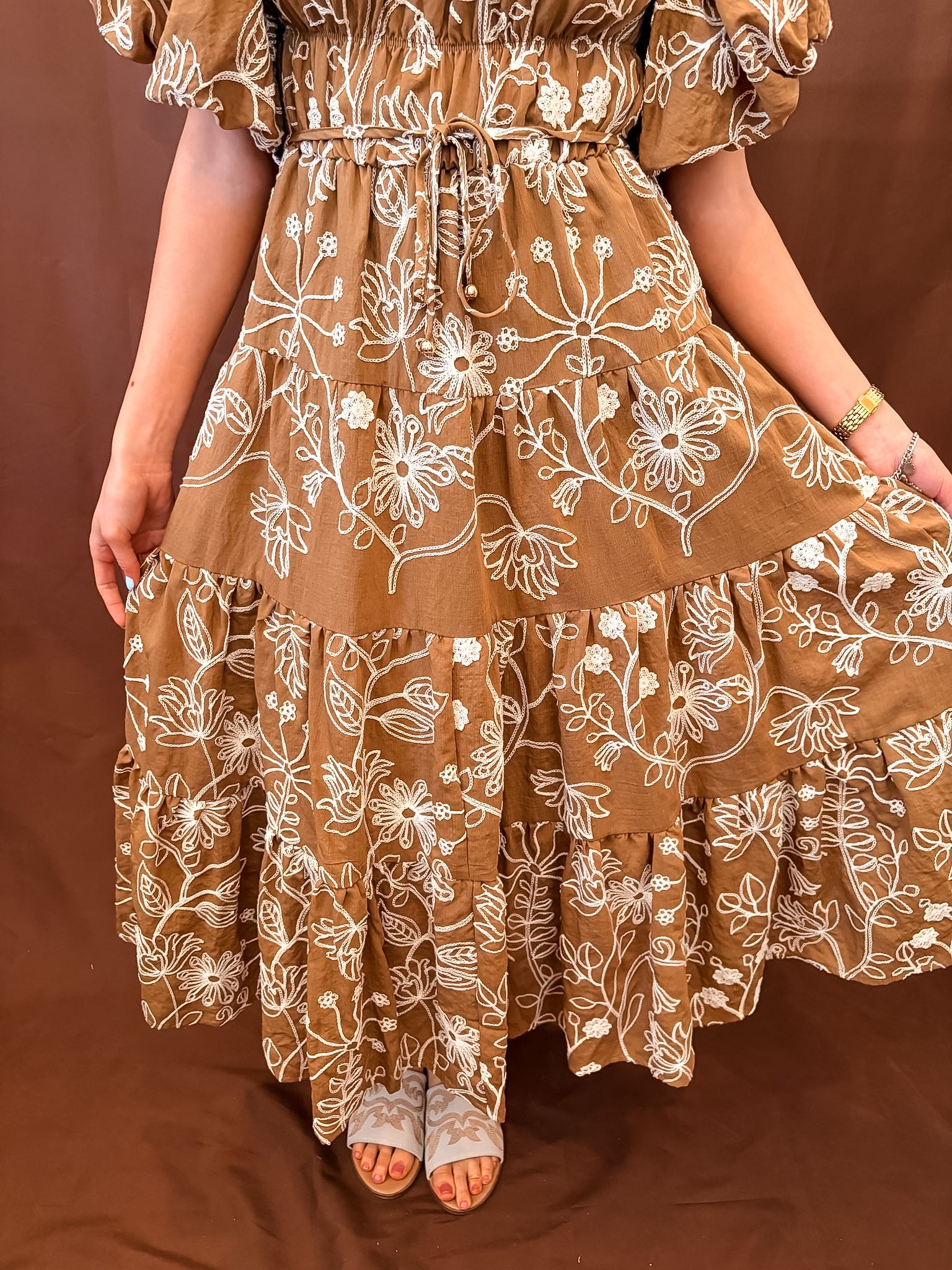 Floral Embroidered Dress - Light Brown