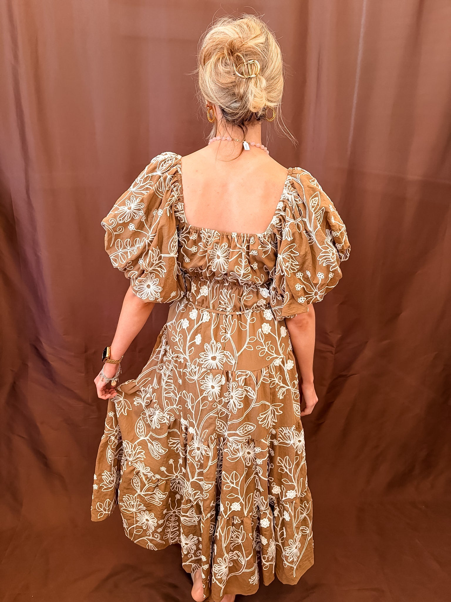 Floral Embroidered Dress - Light Brown
