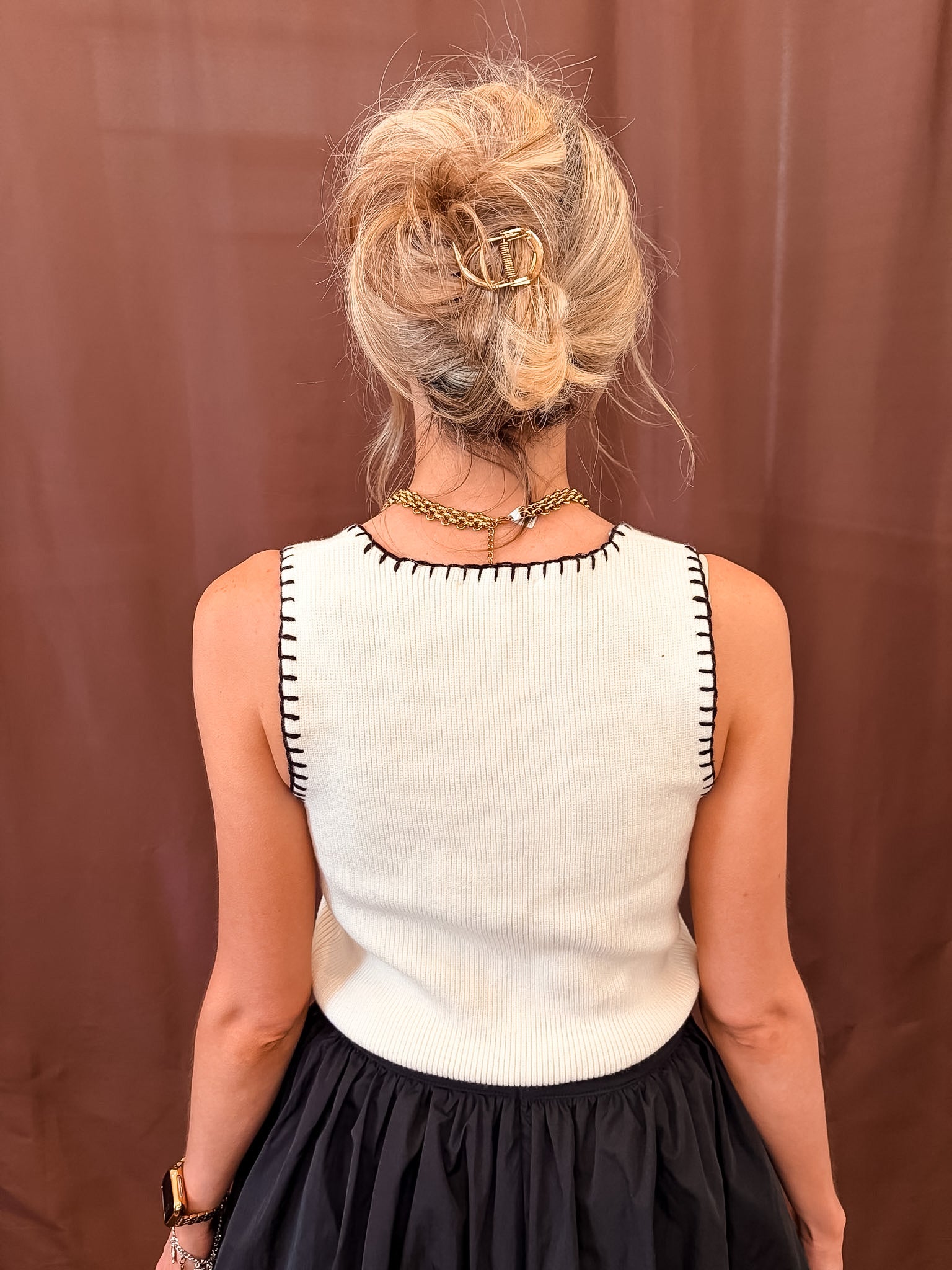 Square Neck Stitched Sweater - Ivory