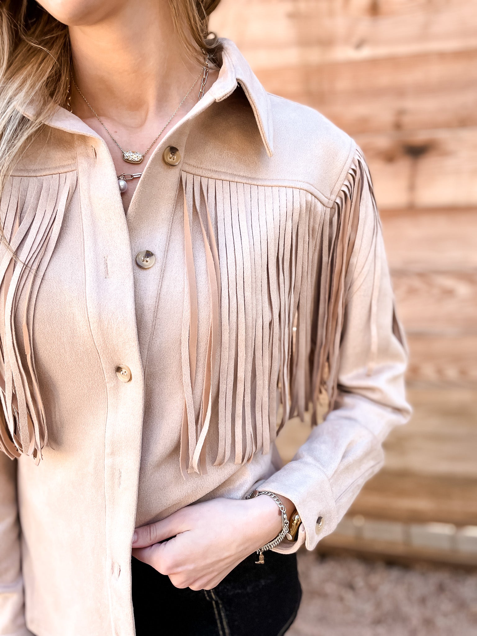 Faux Suede Fringe Shirt - Taupe - Tucker Brown
