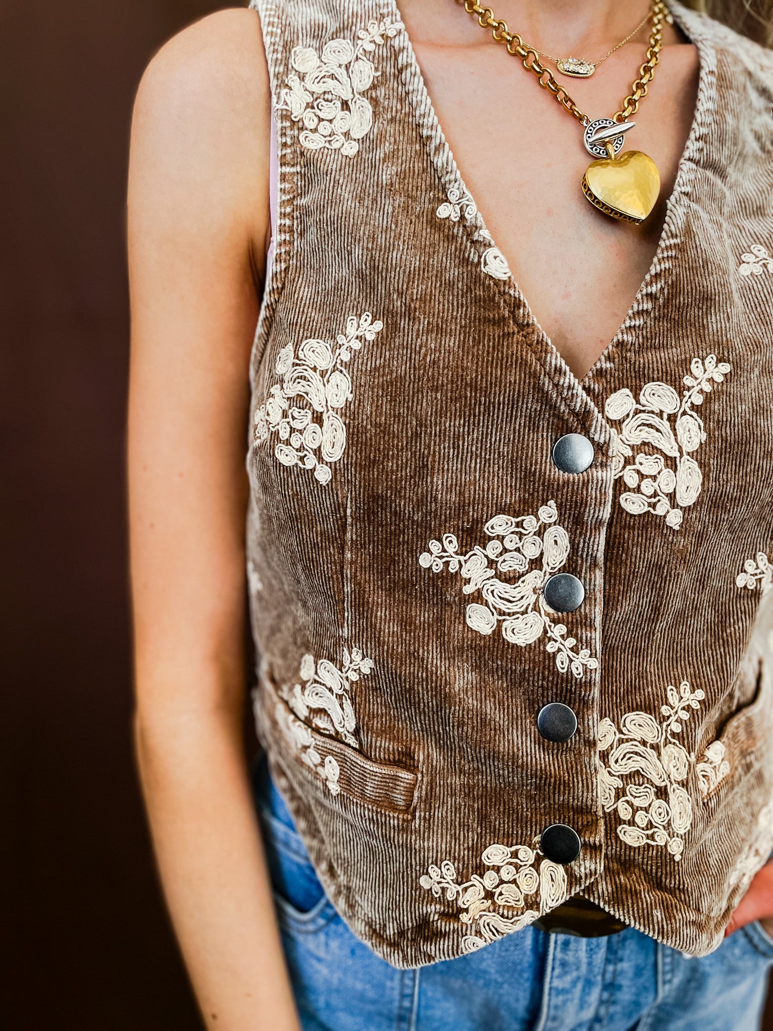 Embroidered Corduroy Vest - Washed Toffee - Tucker Brown