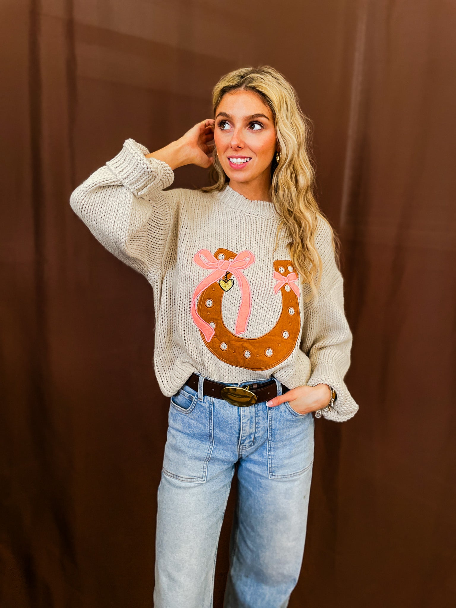 Tied Up Horseshoe Sweater - Natural - Tucker Brown
