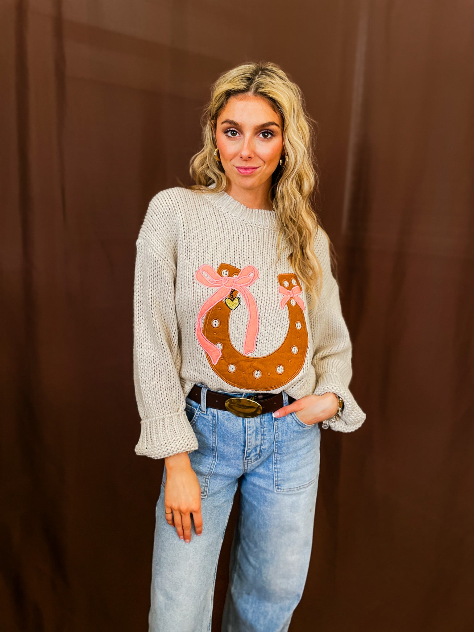 Tied Up Horseshoe Sweater - Natural - Tucker Brown