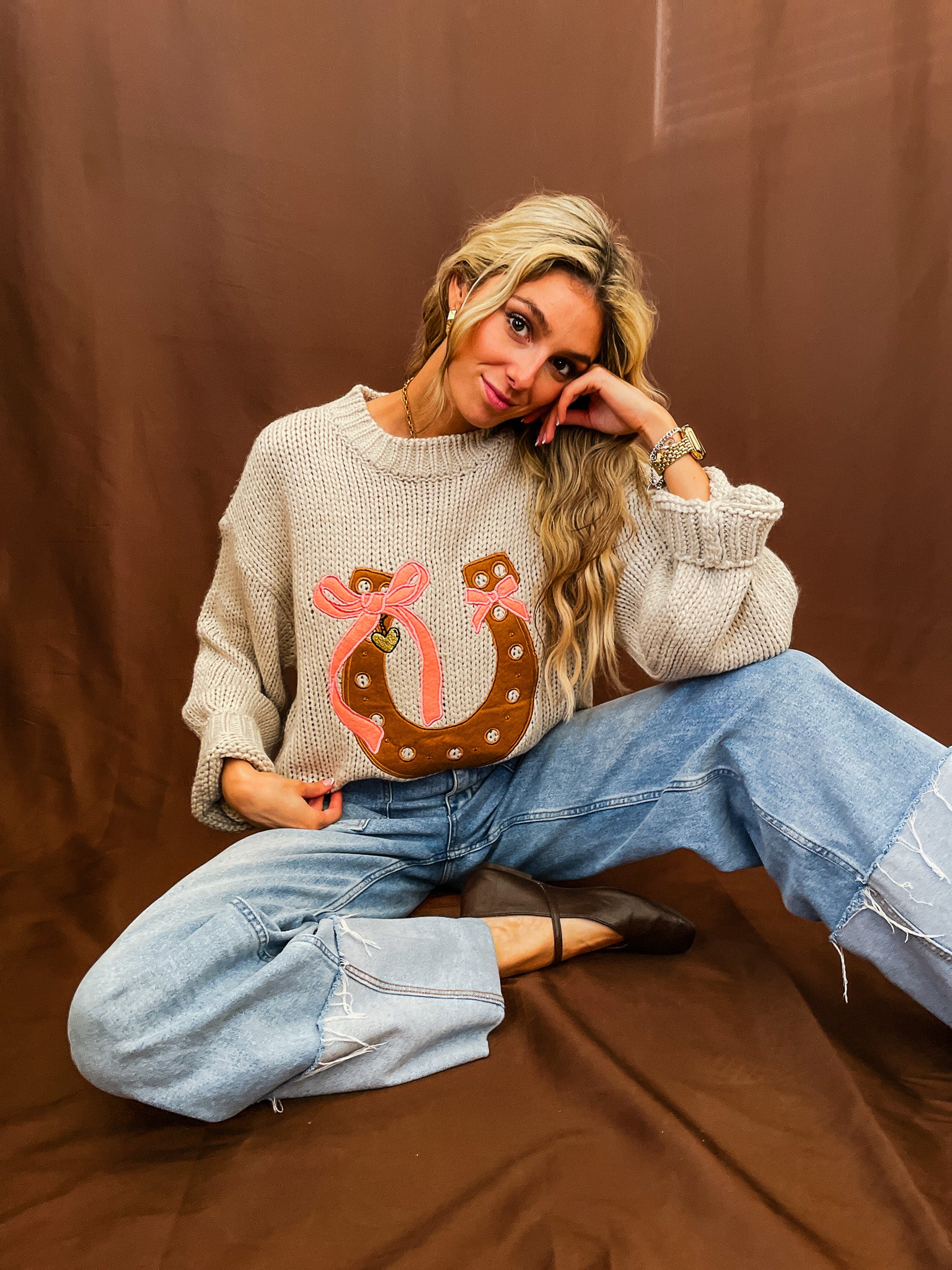 Tied Up Horseshoe Sweater - Natural - Tucker Brown