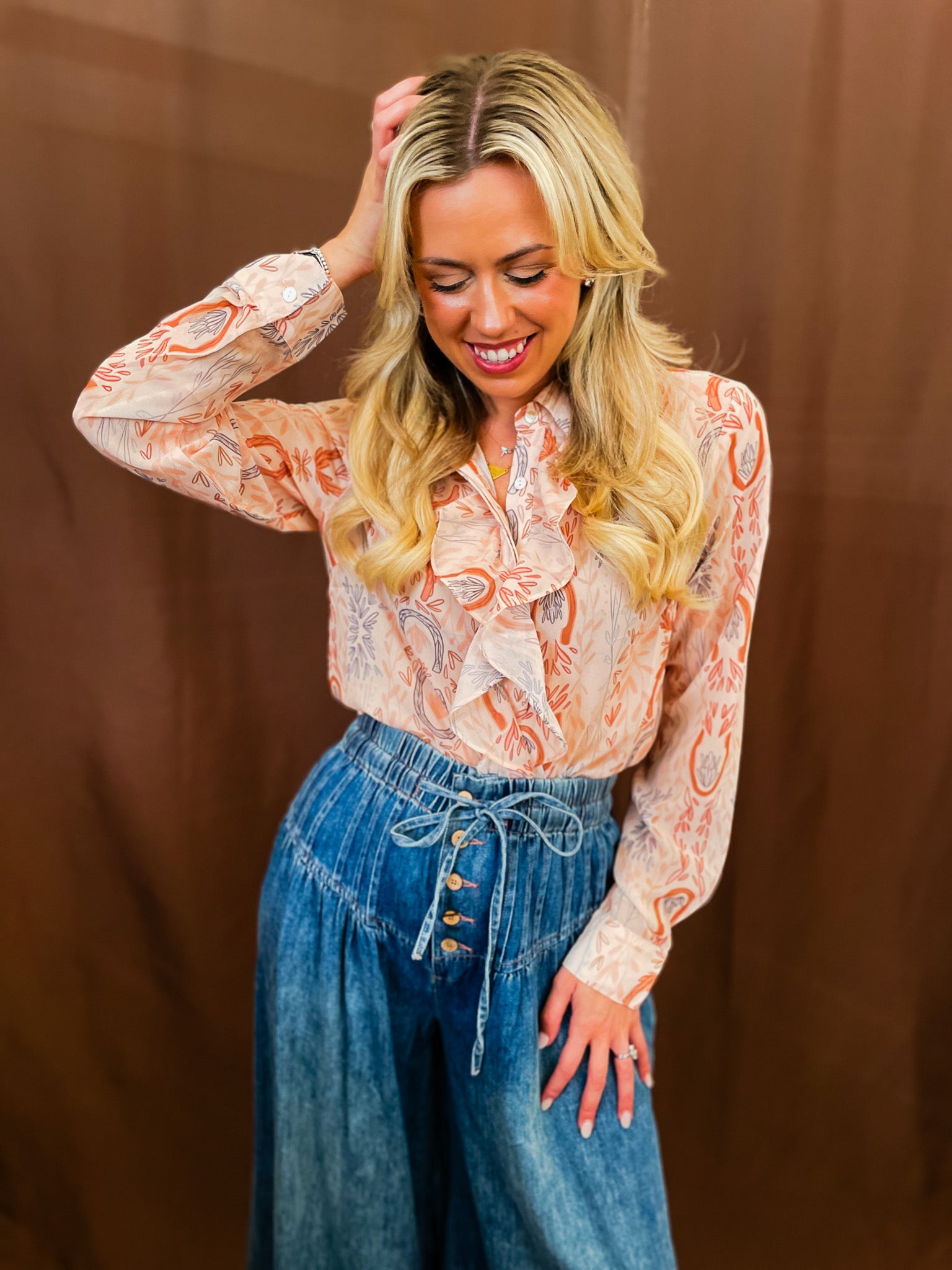 *Lucky Cowgirl Ruffle Chiffon Blouse - Tucker Brown