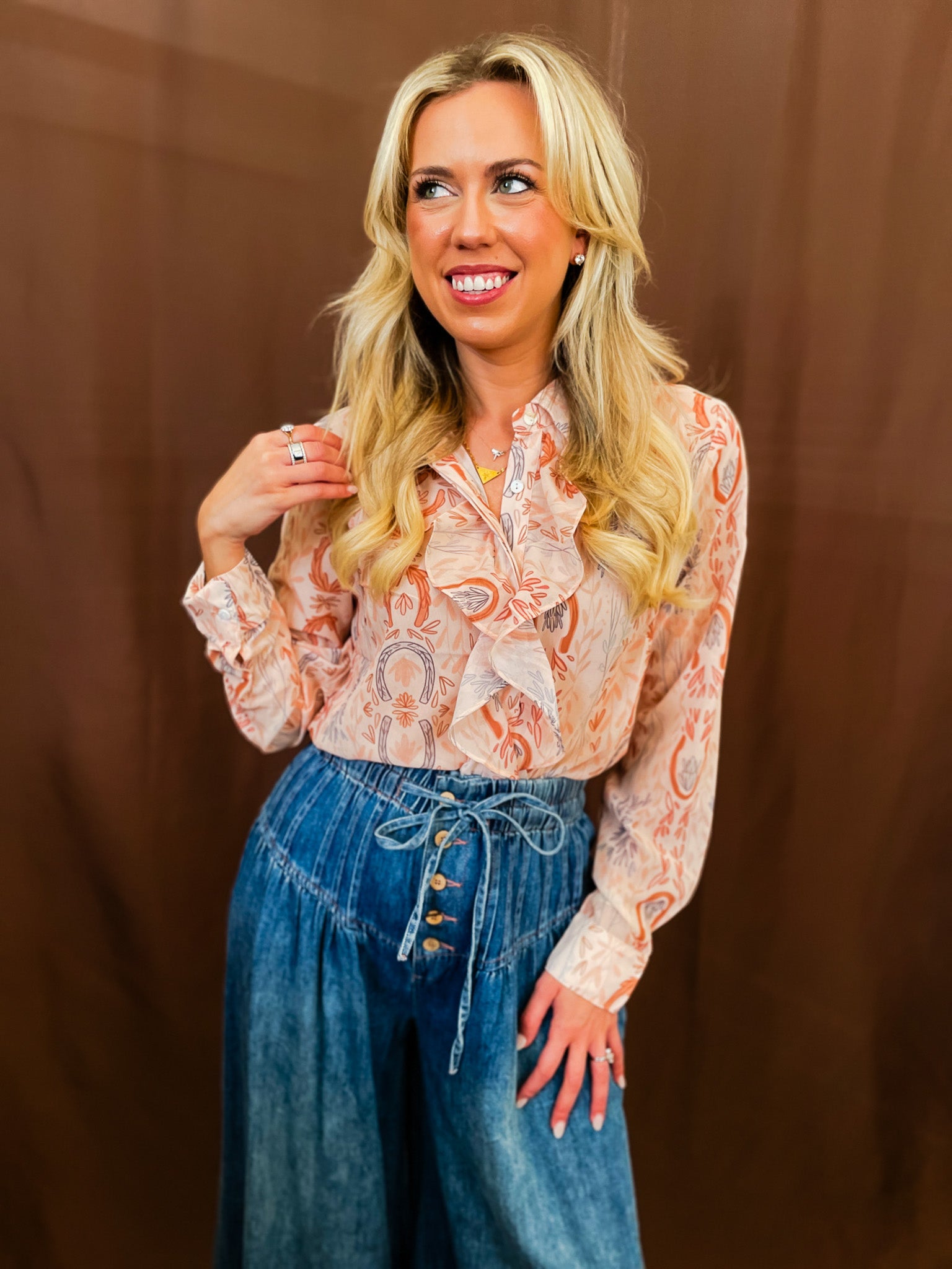 *Lucky Cowgirl Ruffle Chiffon Blouse - Tucker Brown