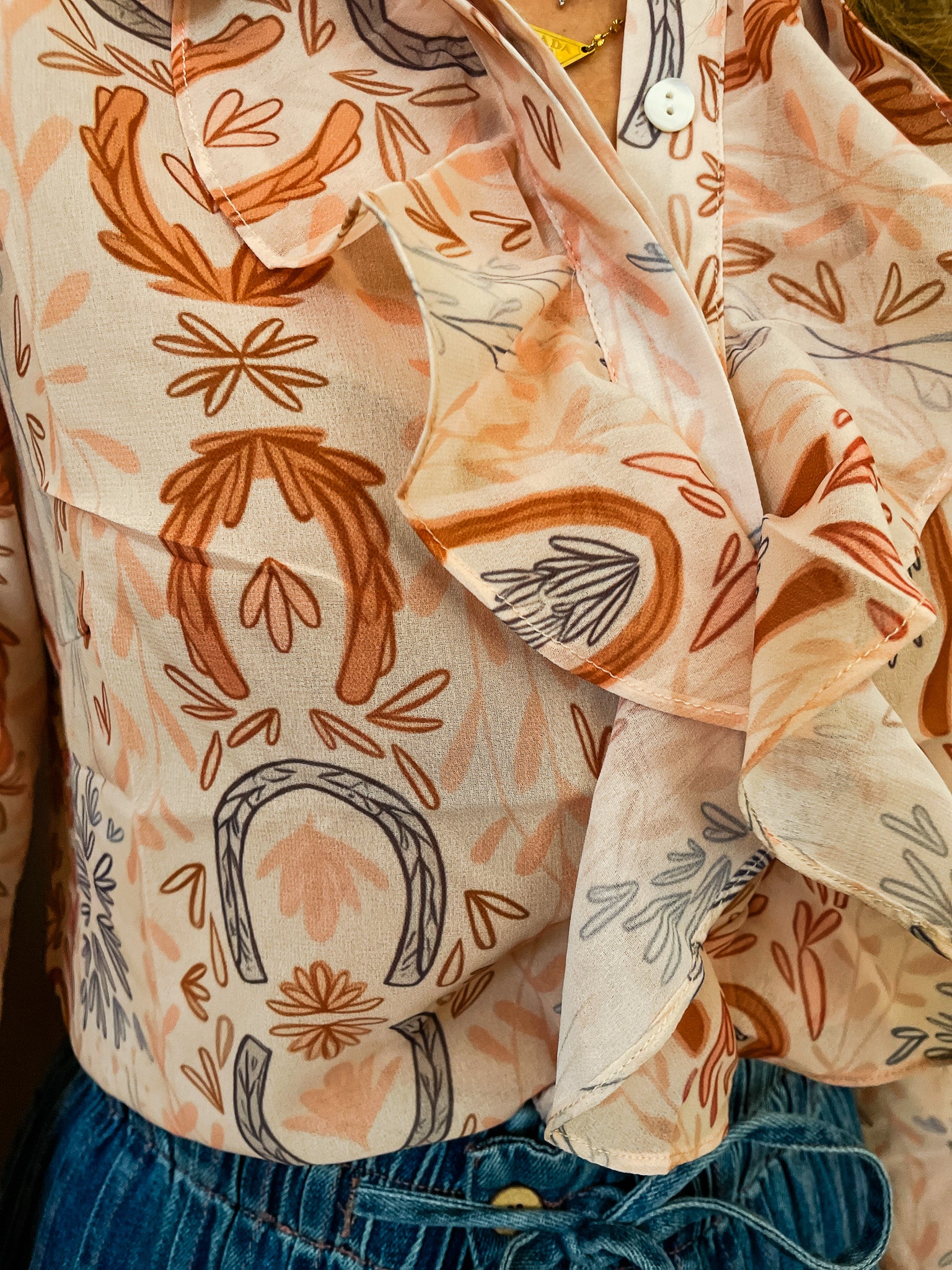 *Lucky Cowgirl Ruffle Chiffon Blouse - Tucker Brown