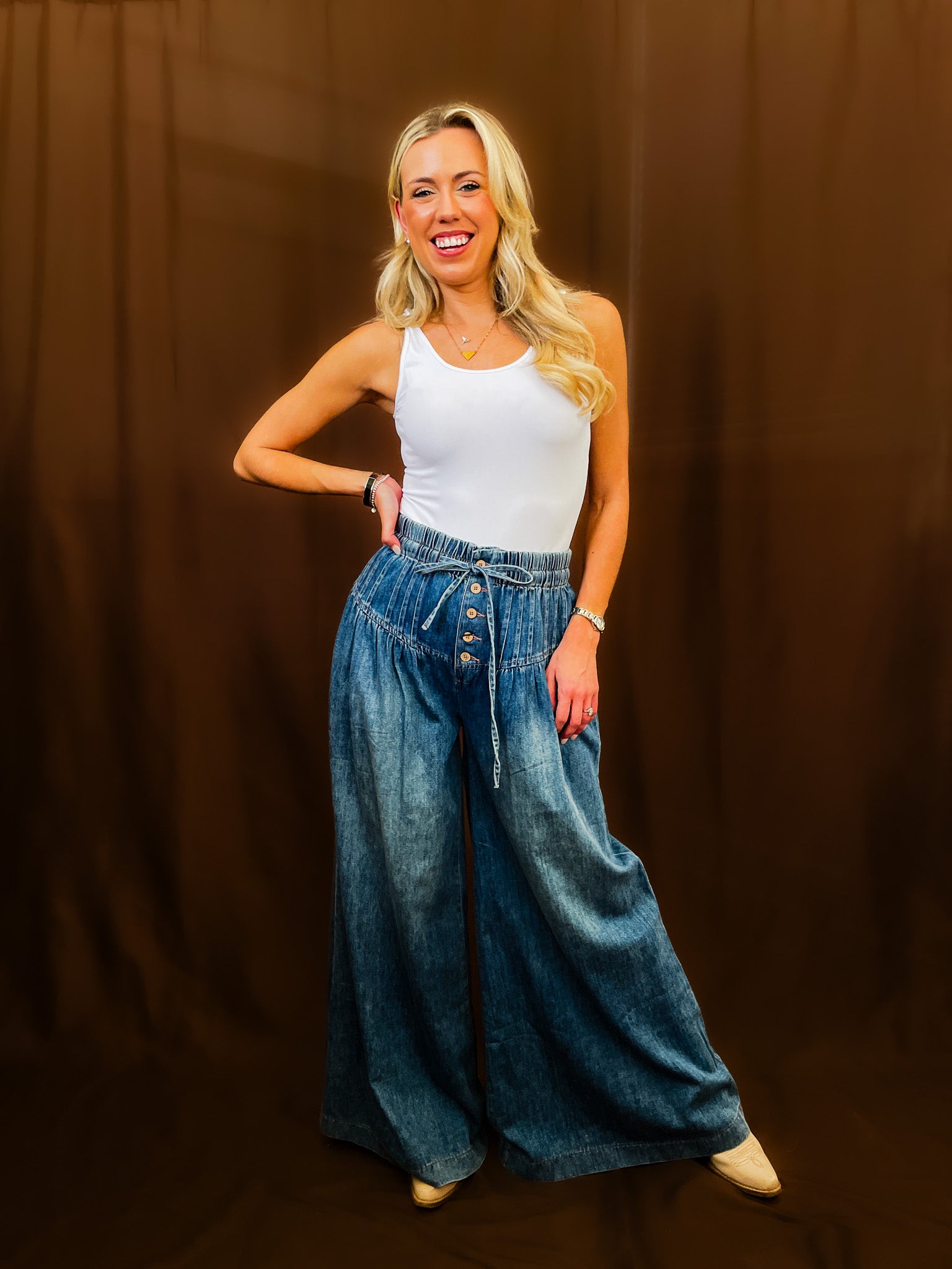 Pleated Wide Leg Denim Pant - Tucker Brown