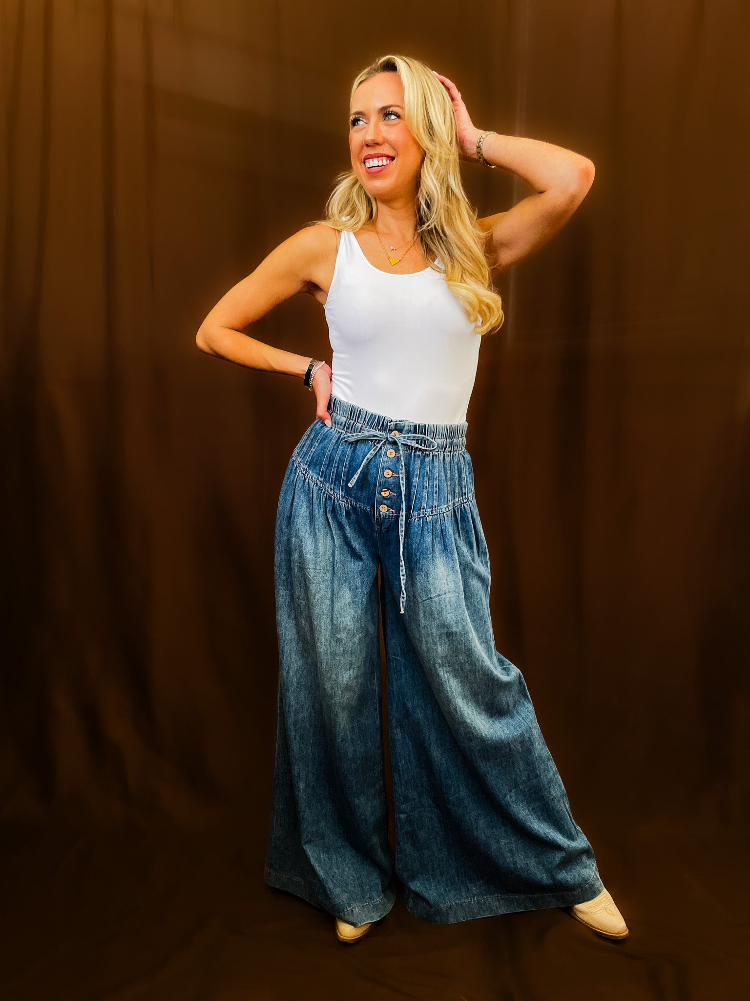 Pleated Wide Leg Denim Pant - Tucker Brown