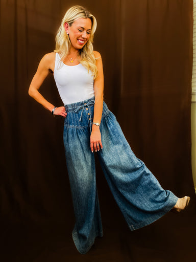 Pleated Wide Leg Denim Pant - Tucker Brown