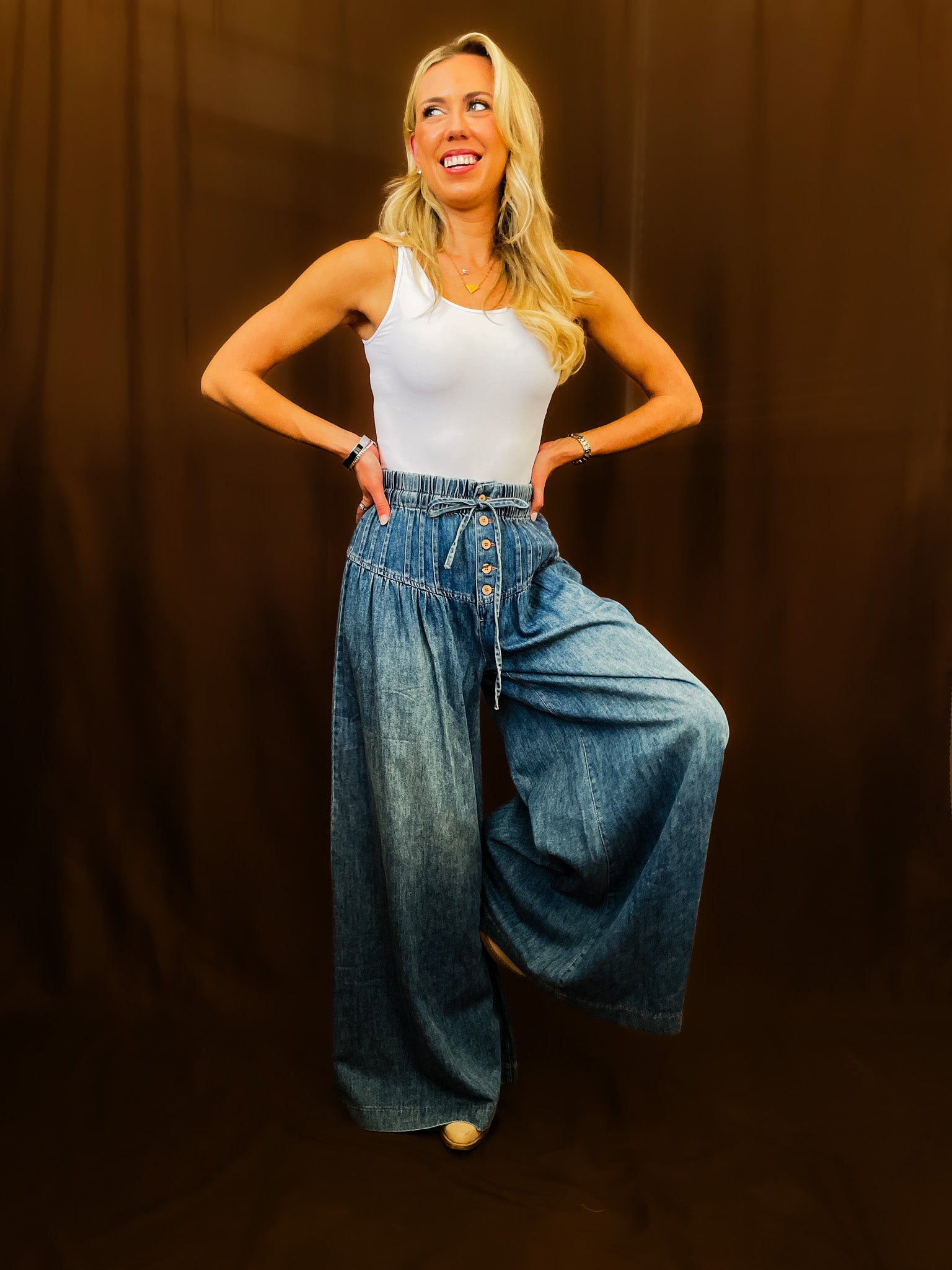 Pleated Wide Leg Denim Pant - Tucker Brown