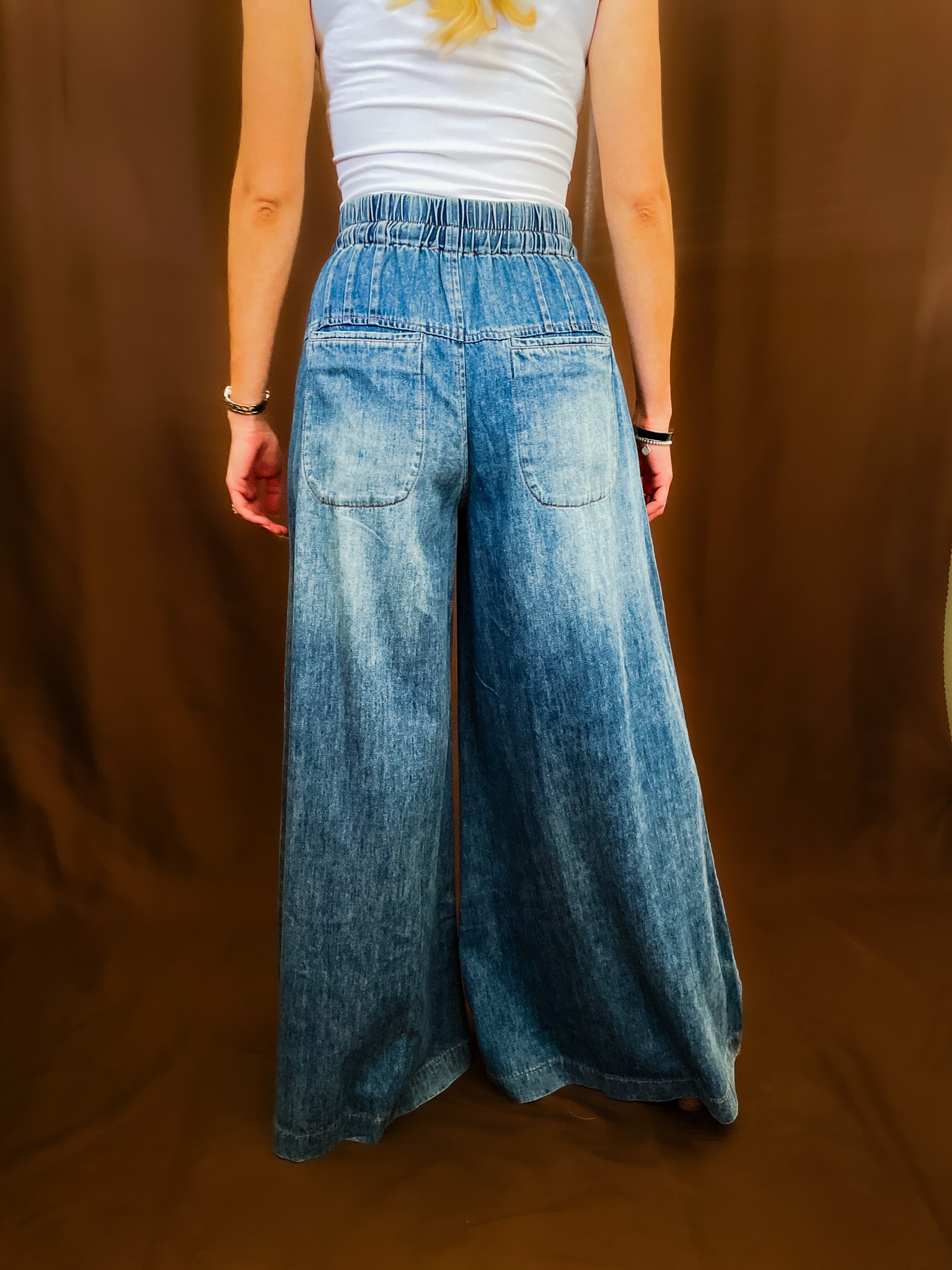 Pleated Wide Leg Denim Pant - Tucker Brown