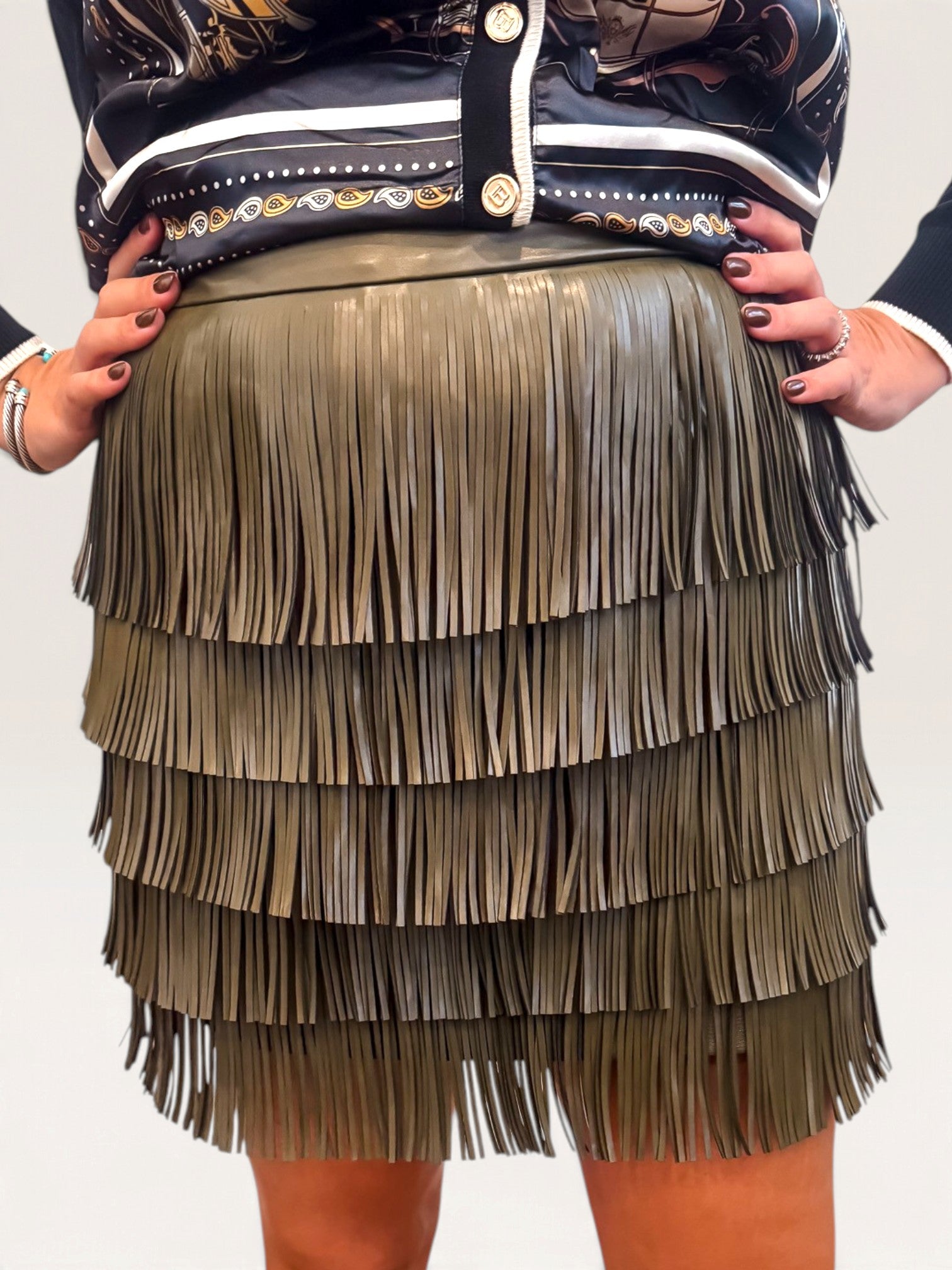 Leather Fringe Skirt - Olive