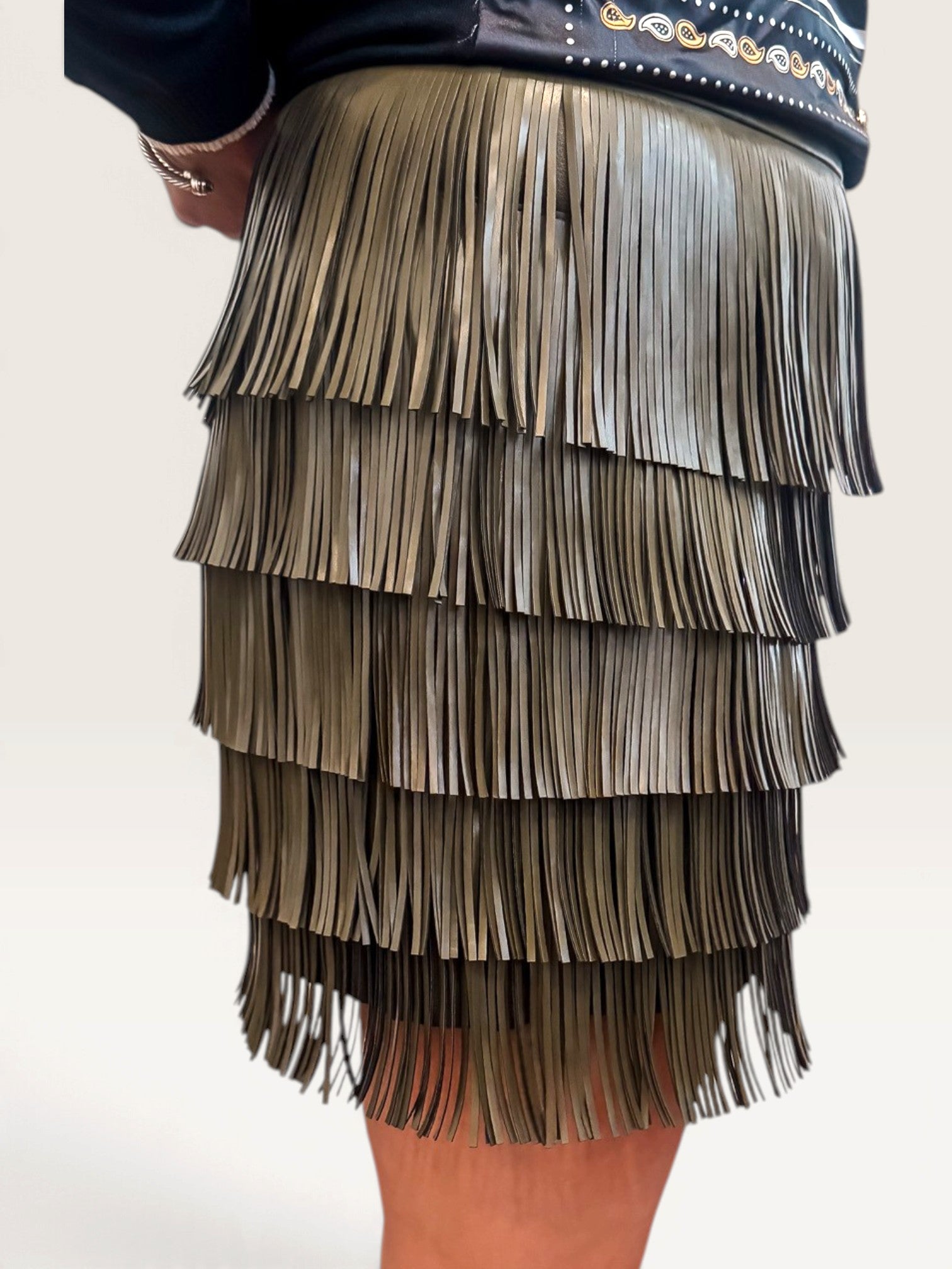 Leather Fringe Skirt - Olive