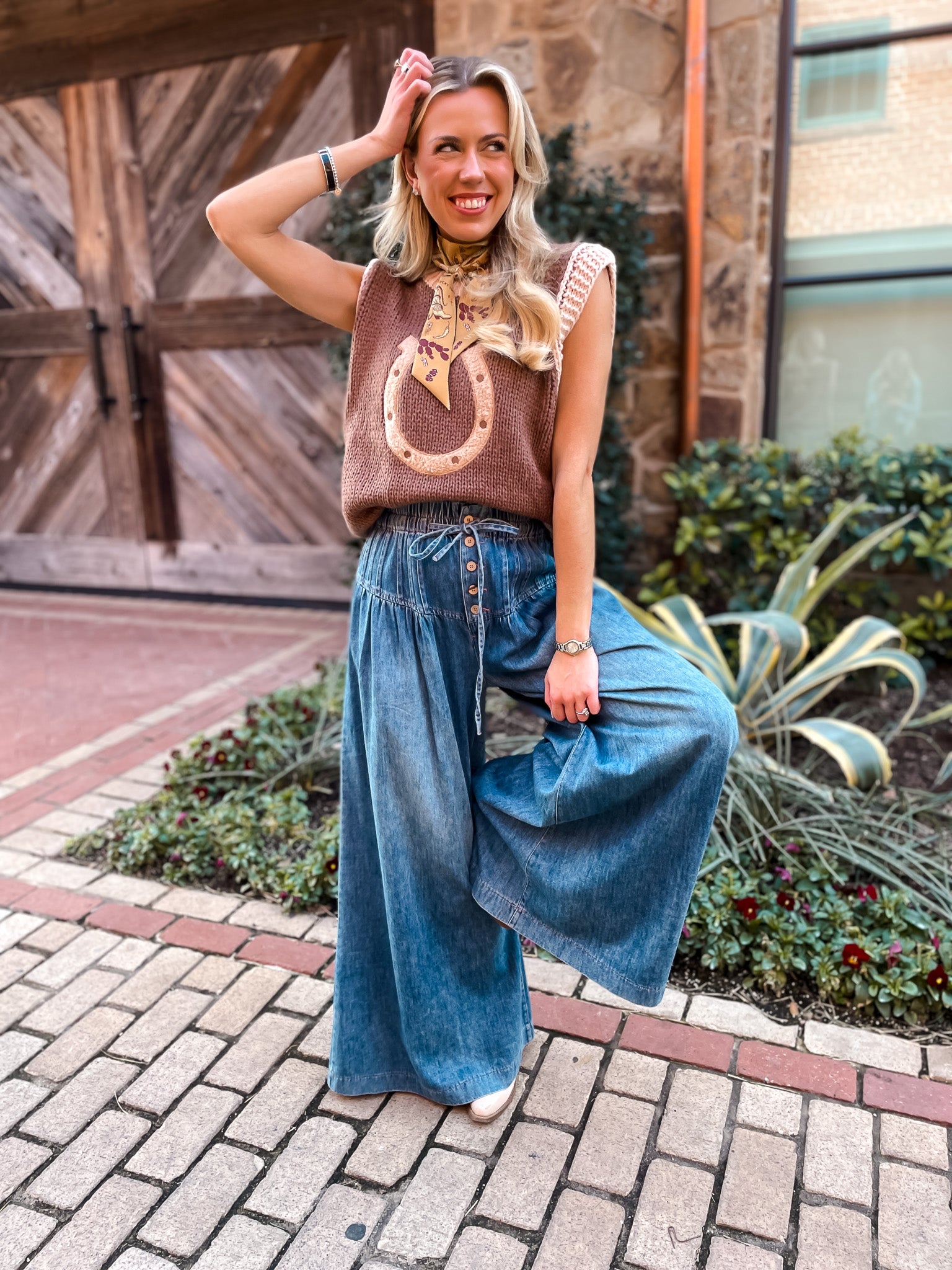 Pleated Wide Leg Denim Pant - Tucker Brown