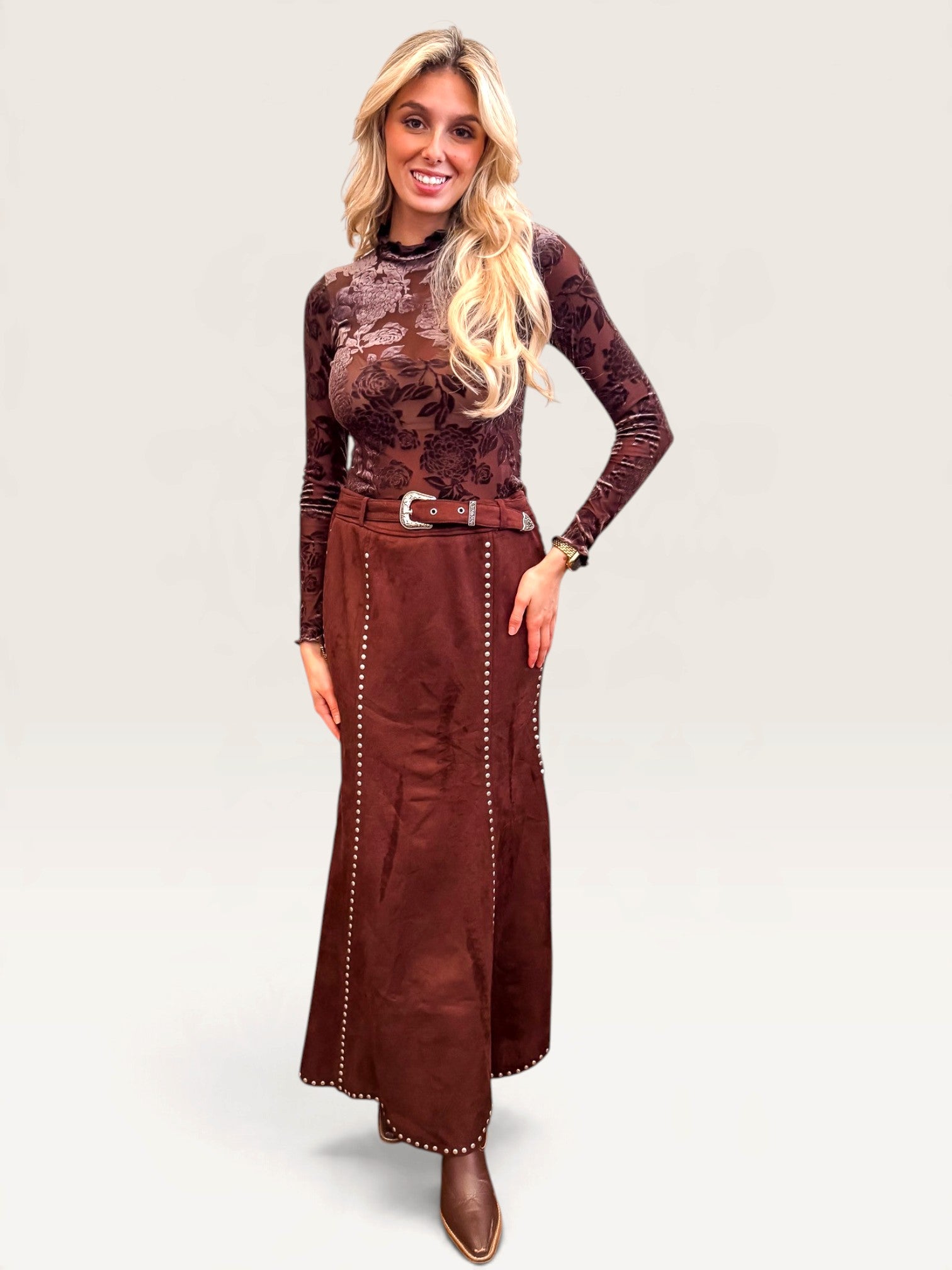 Suede Studded Maxi Skirt - Brown