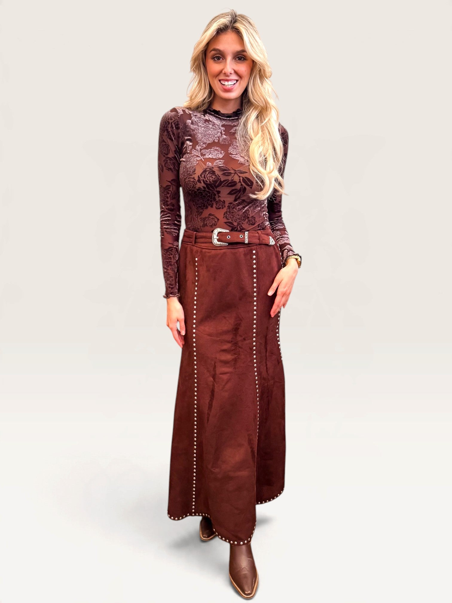 Suede Studded Maxi Skirt - Brown