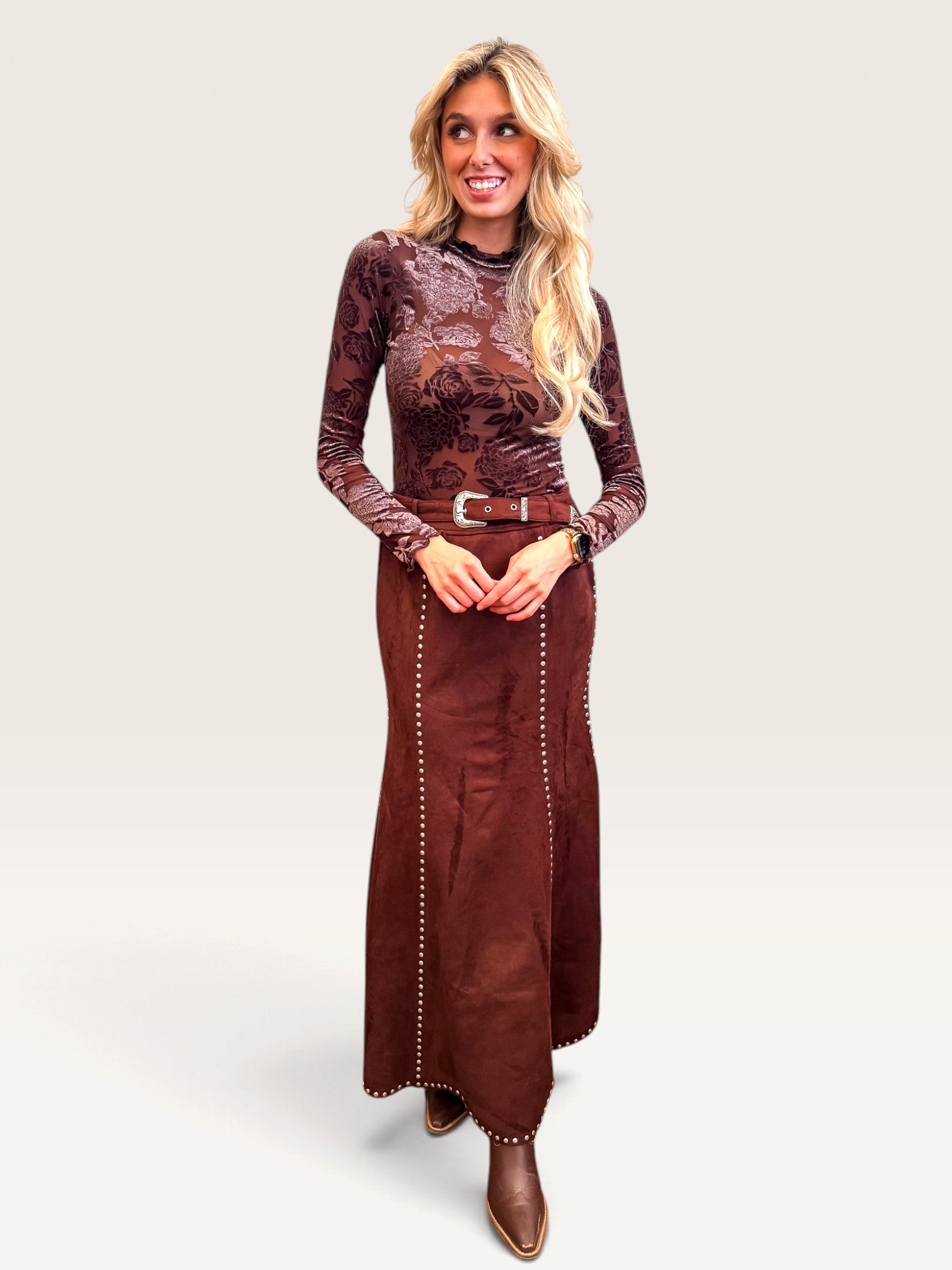 Suede Studded Maxi Skirt - Brown
