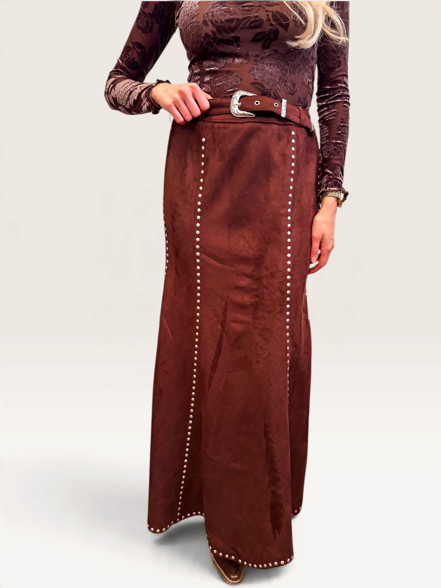 Suede Studded Maxi Skirt - Brown