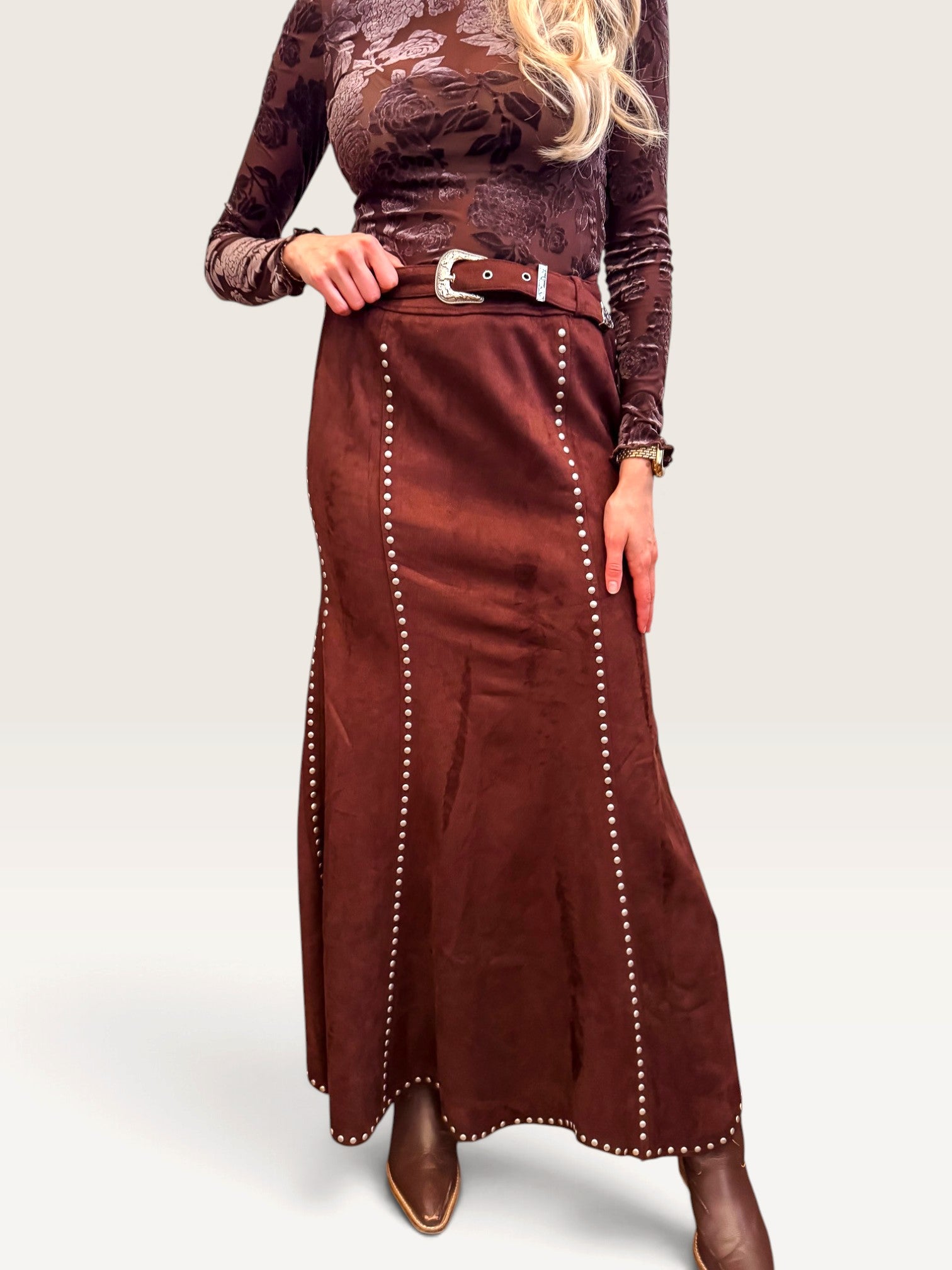 Suede Studded Maxi Skirt - Brown