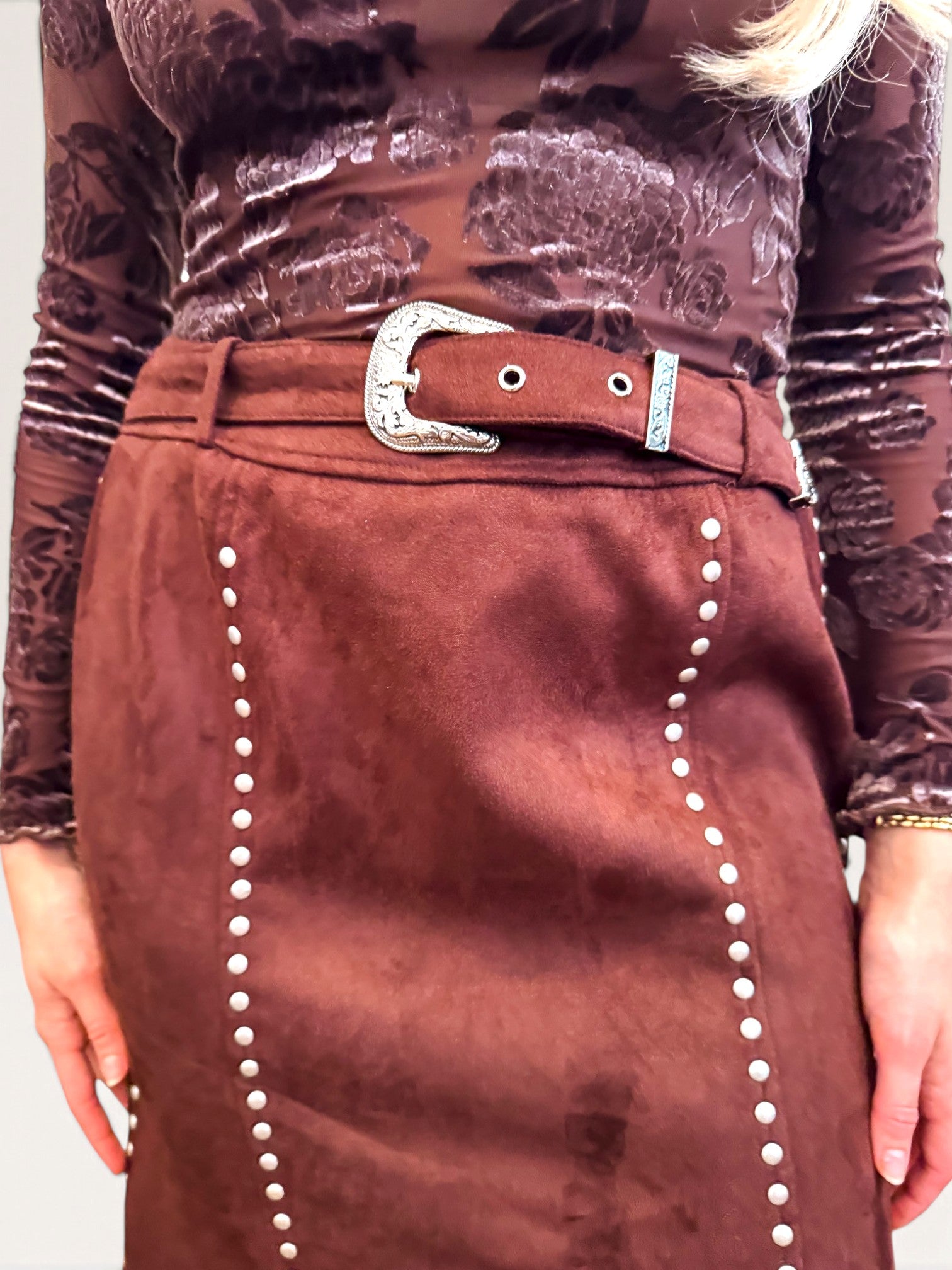 Suede Studded Maxi Skirt - Brown
