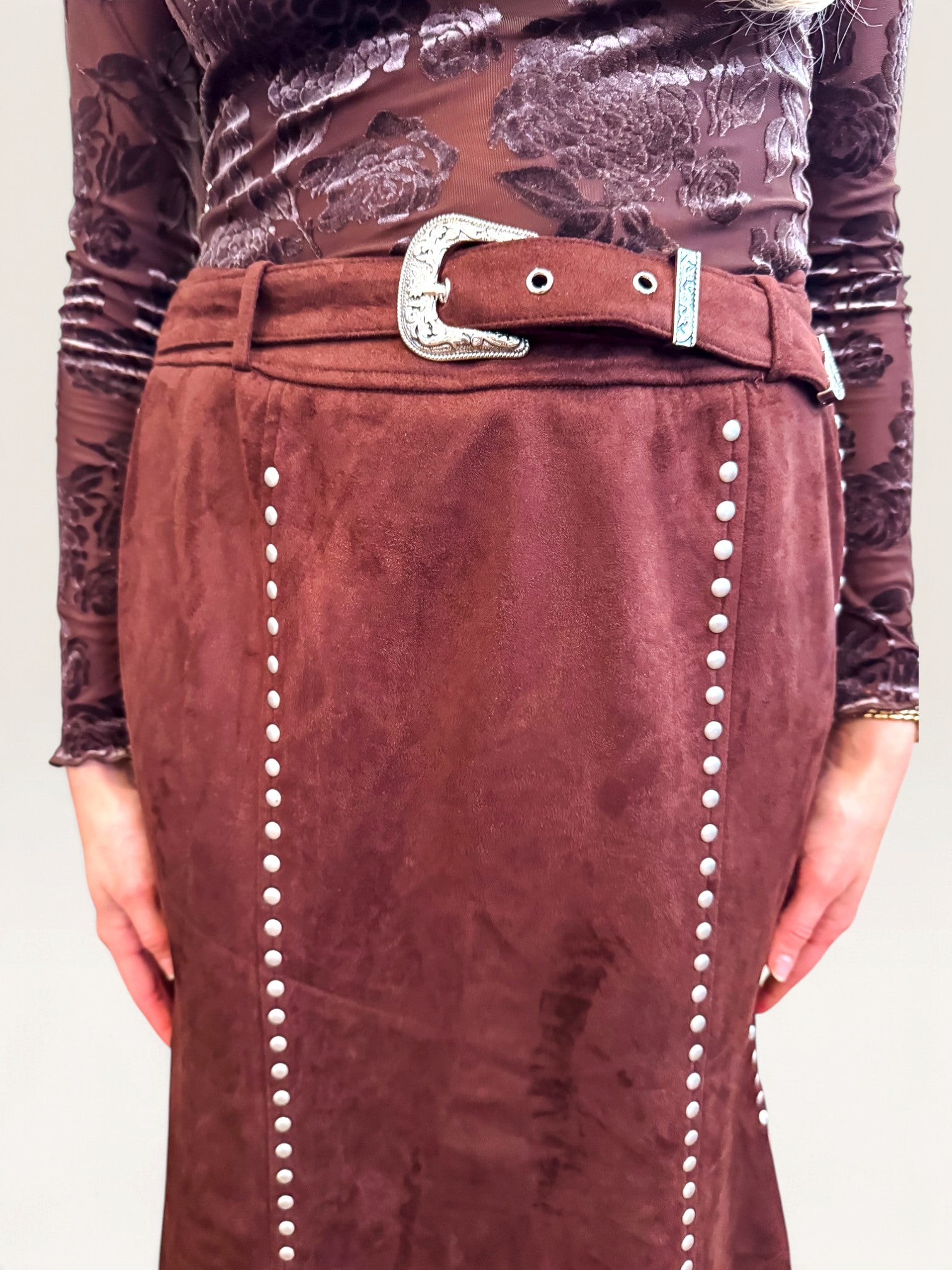 Suede Studded Maxi Skirt - Brown