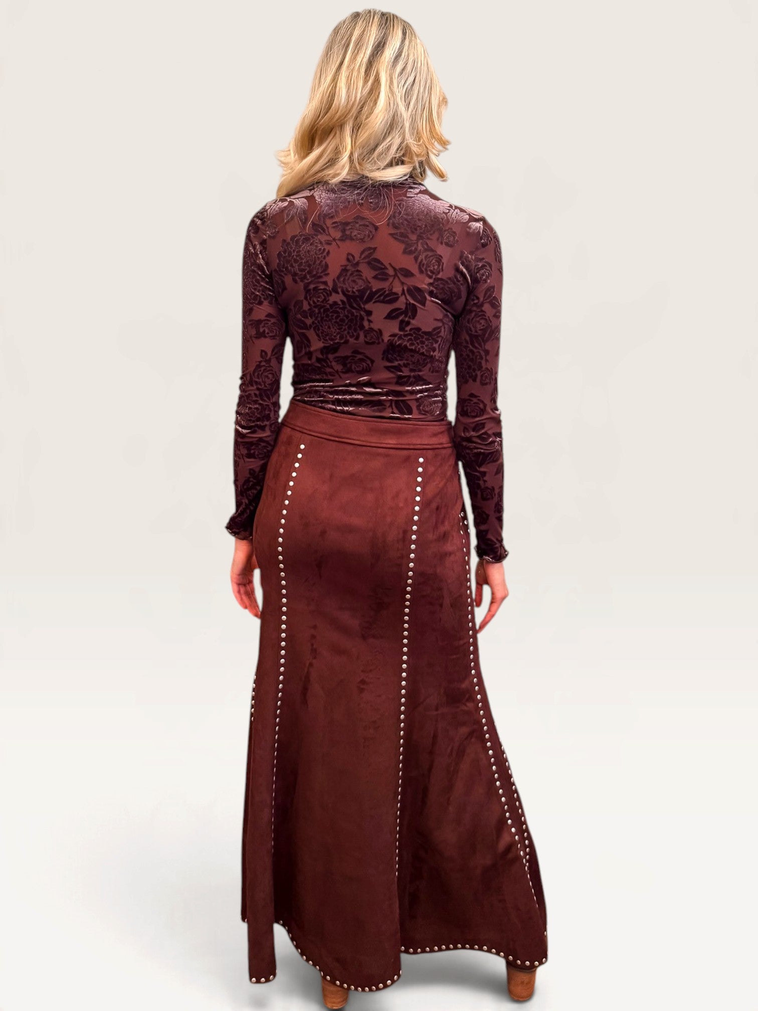 Suede Studded Maxi Skirt - Brown