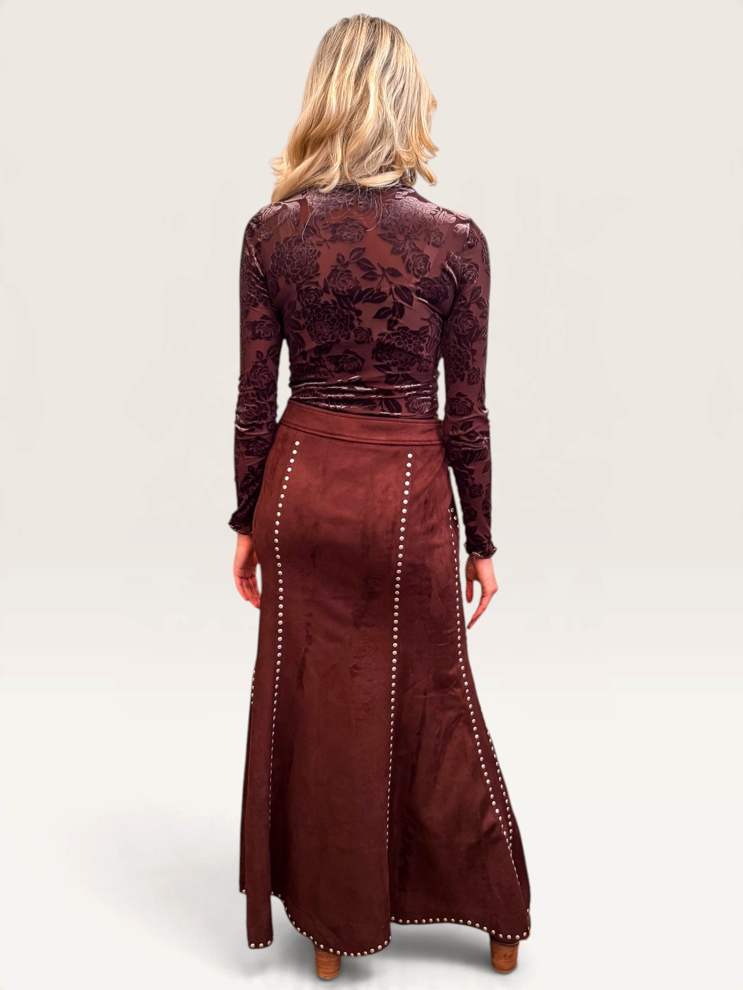 Suede Studded Maxi Skirt - Brown
