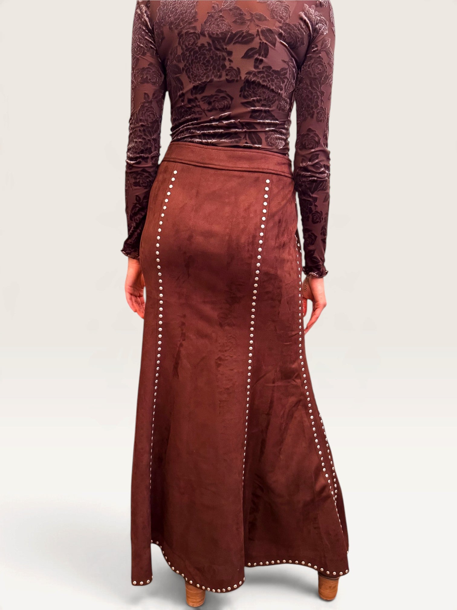 Suede Studded Maxi Skirt - Brown