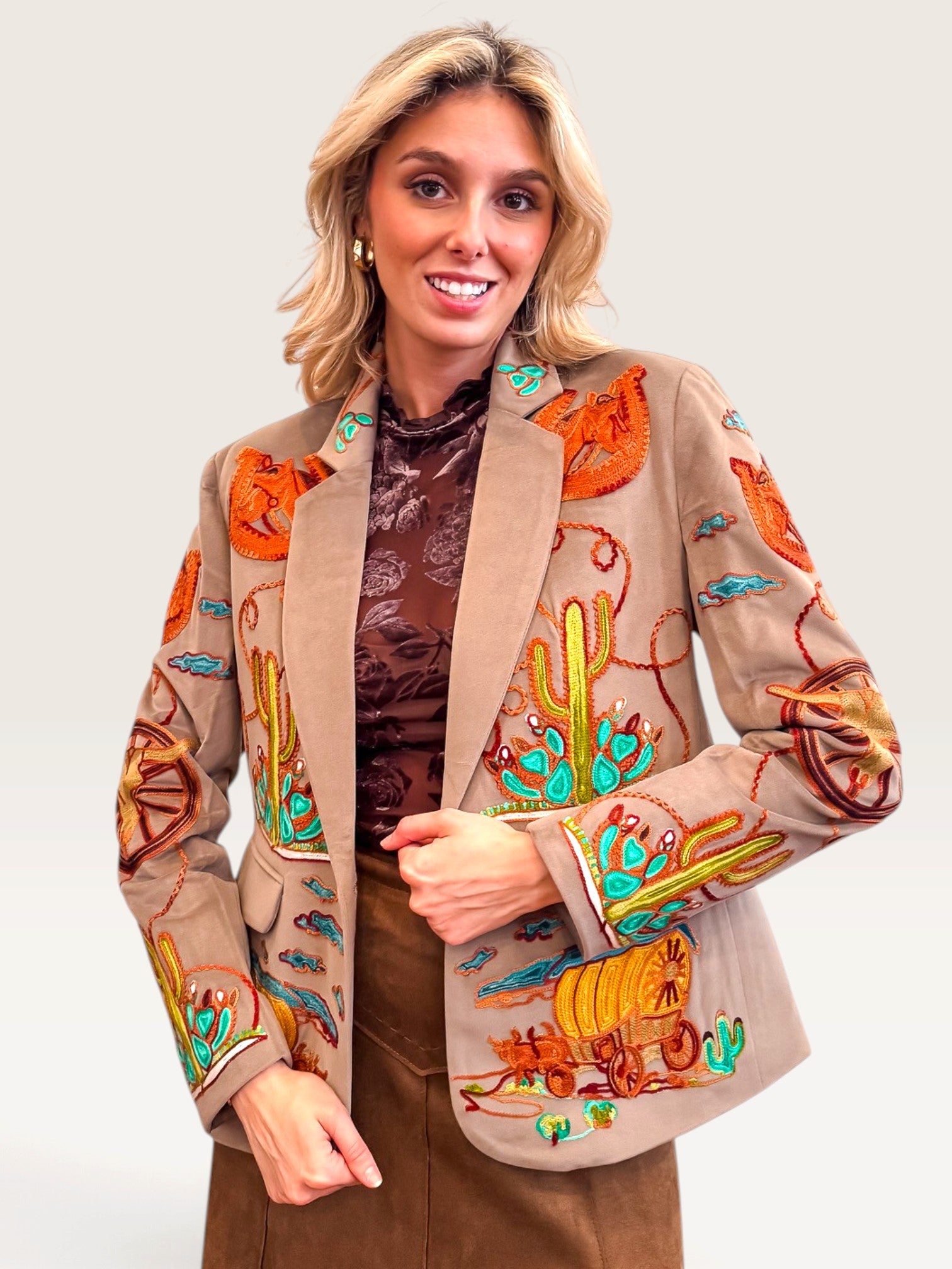Wagon Wheel Embroidered Blazer - Taupe