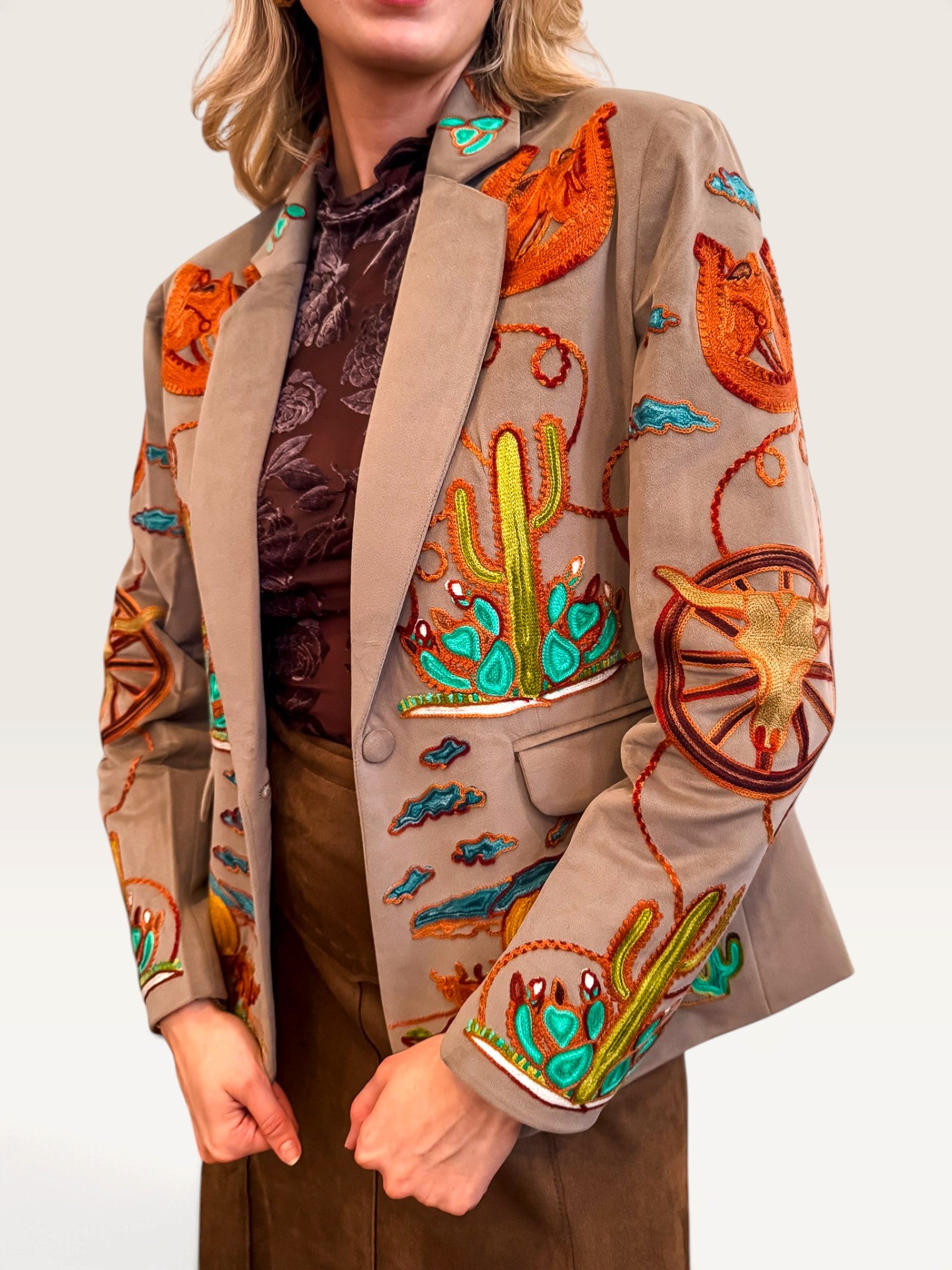 Wagon Wheel Embroidered Blazer - Taupe