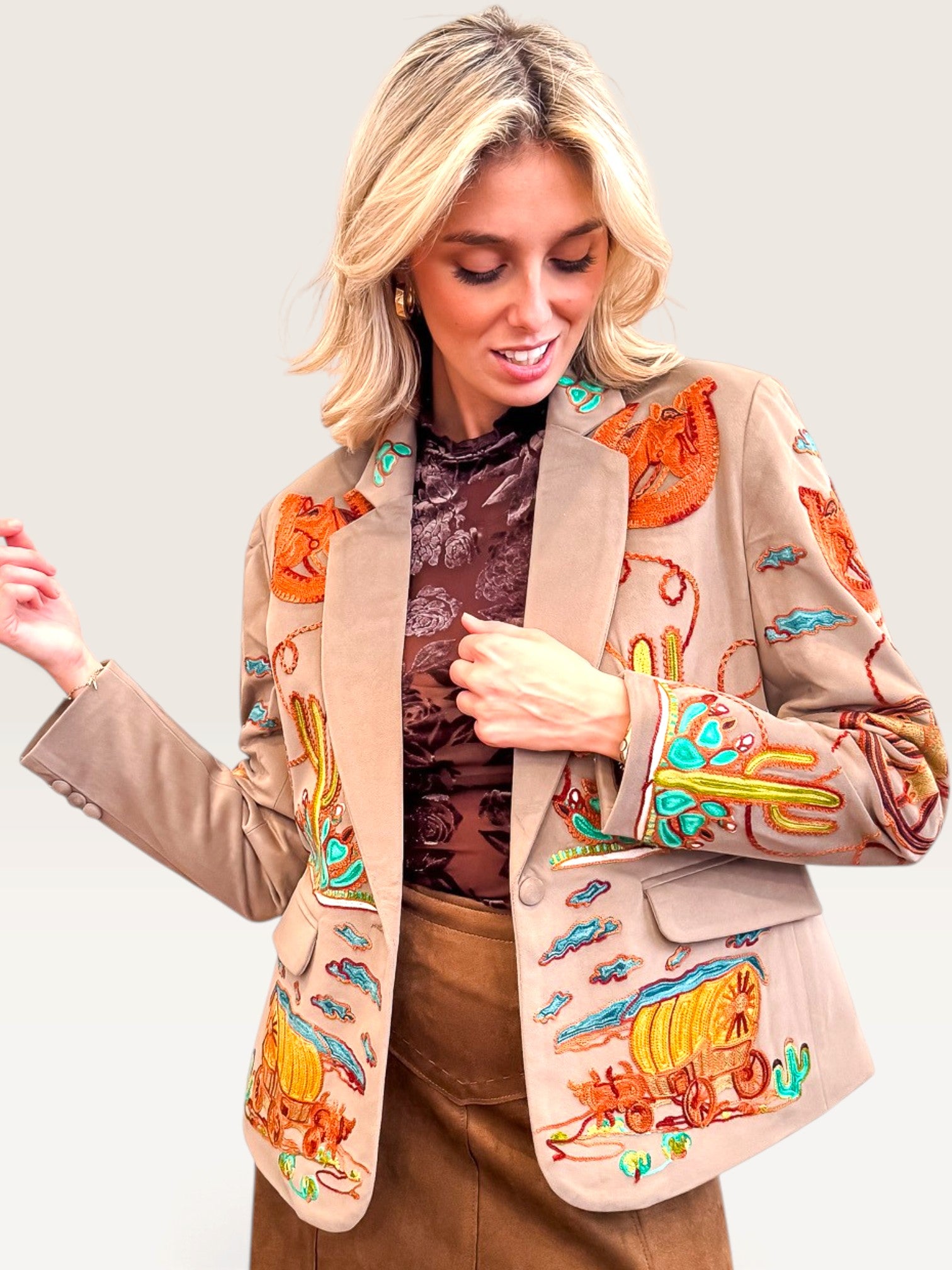 Wagon Wheel Embroidered Blazer - Taupe