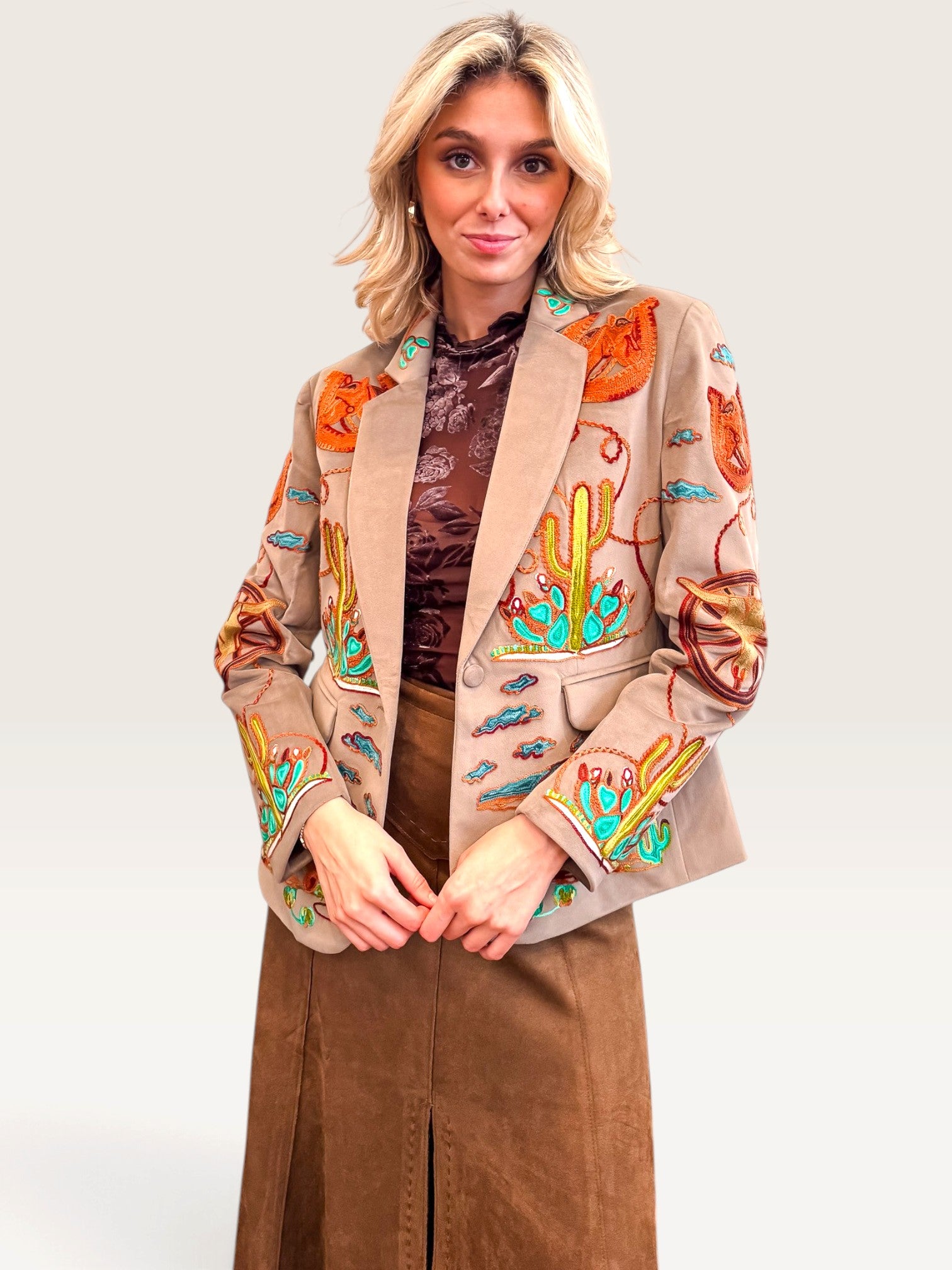 Wagon Wheel Embroidered Blazer - Taupe