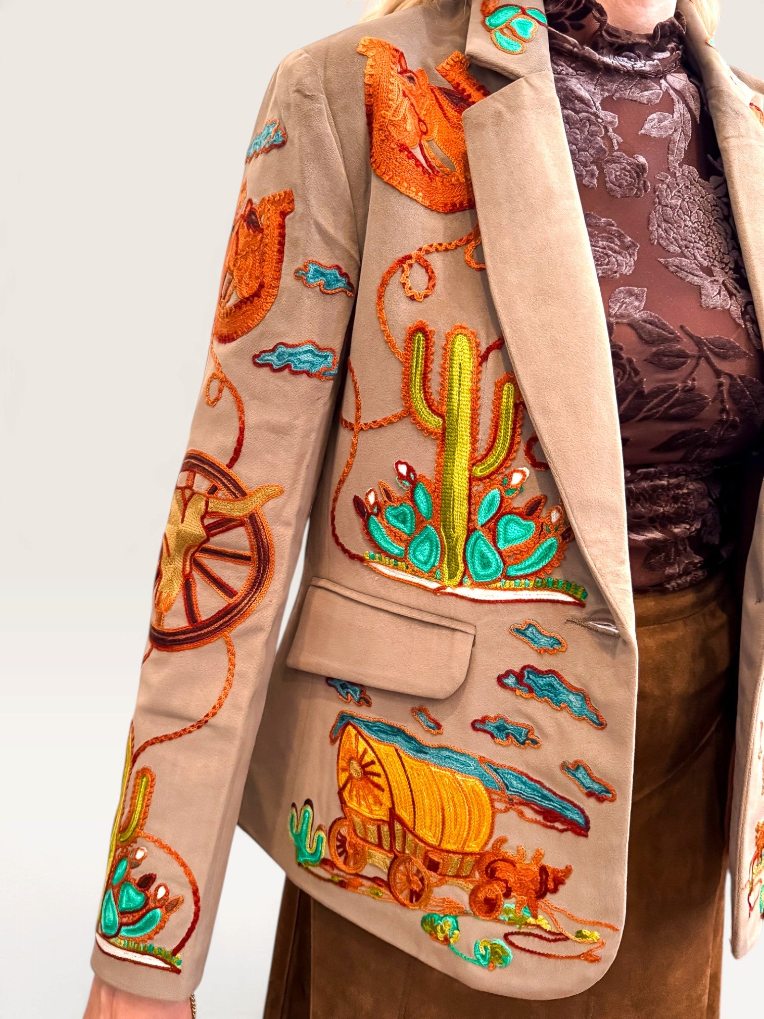 Wagon Wheel Embroidered Blazer - Taupe