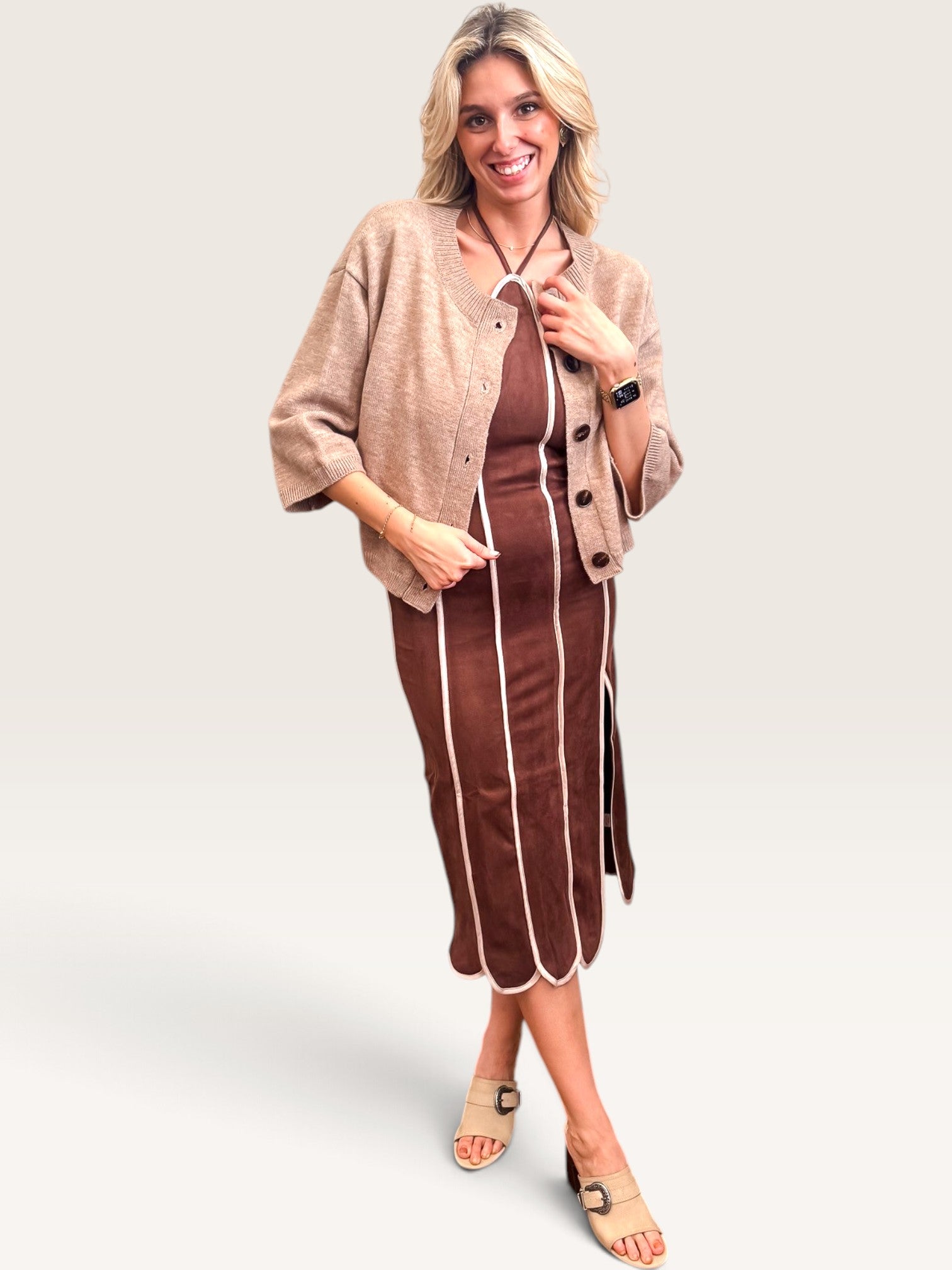 Three Quarter Sleeve Cardigan - Mocha