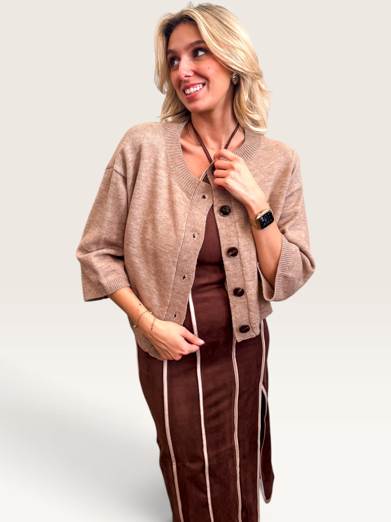 Three Quarter Sleeve Cardigan - Mocha
