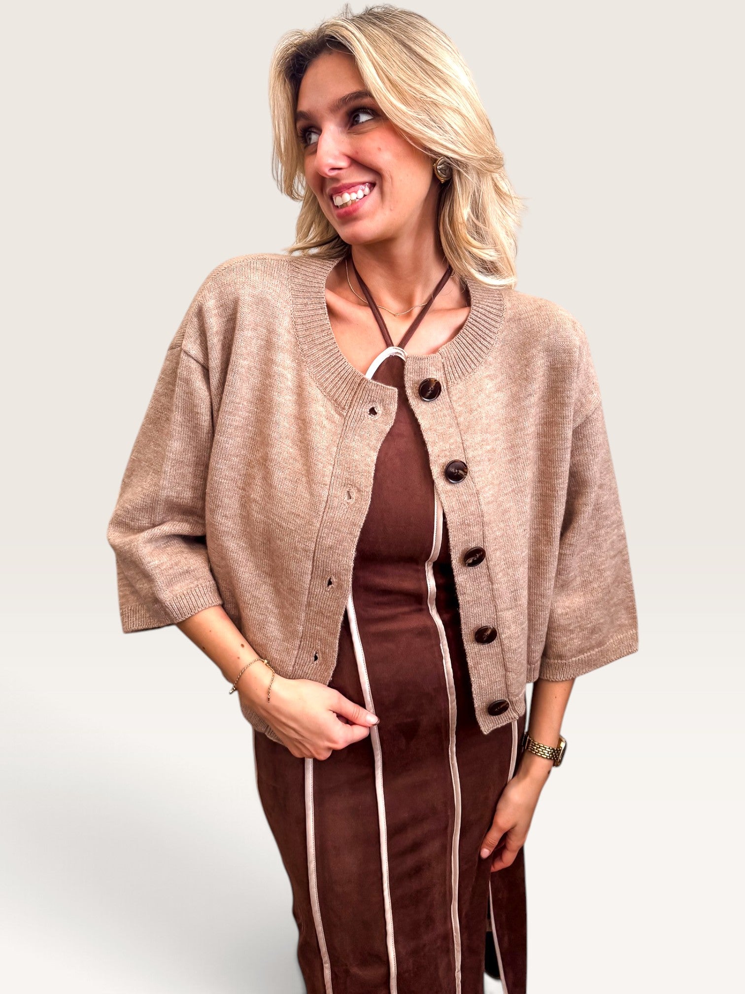 Three Quarter Sleeve Cardigan - Mocha