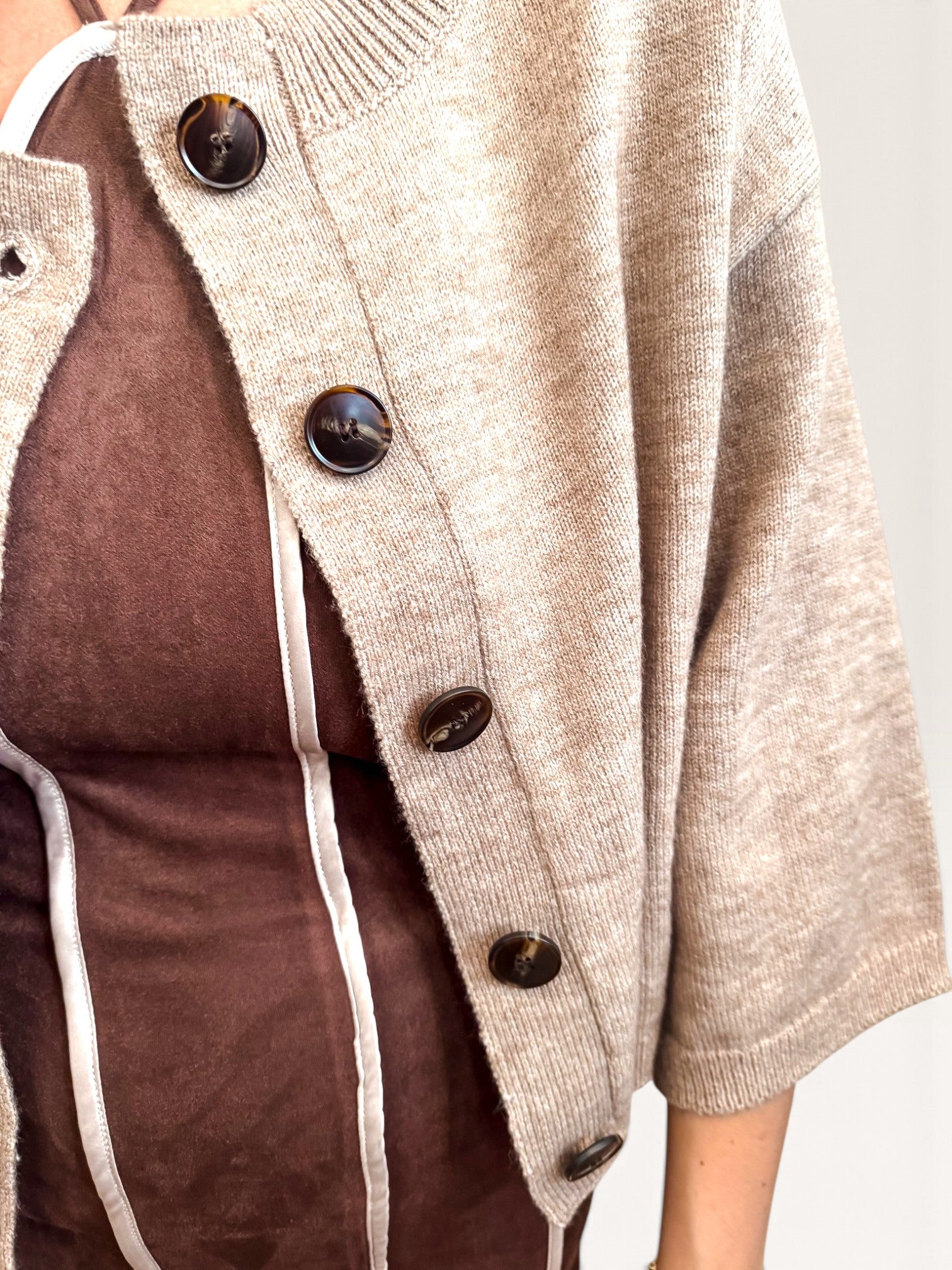 Three Quarter Sleeve Cardigan - Mocha