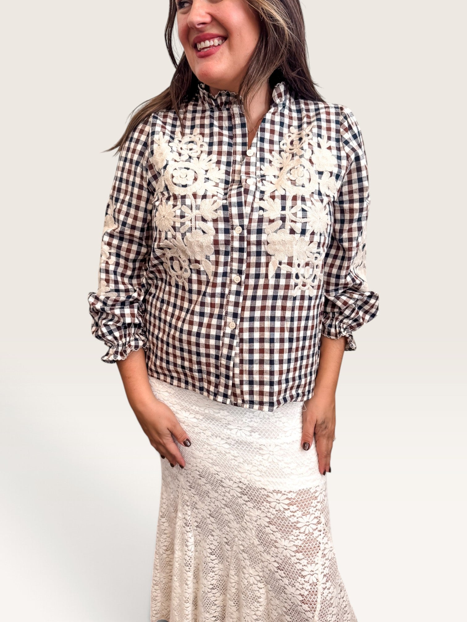 Embroidered Gingham Blouse - Brown
