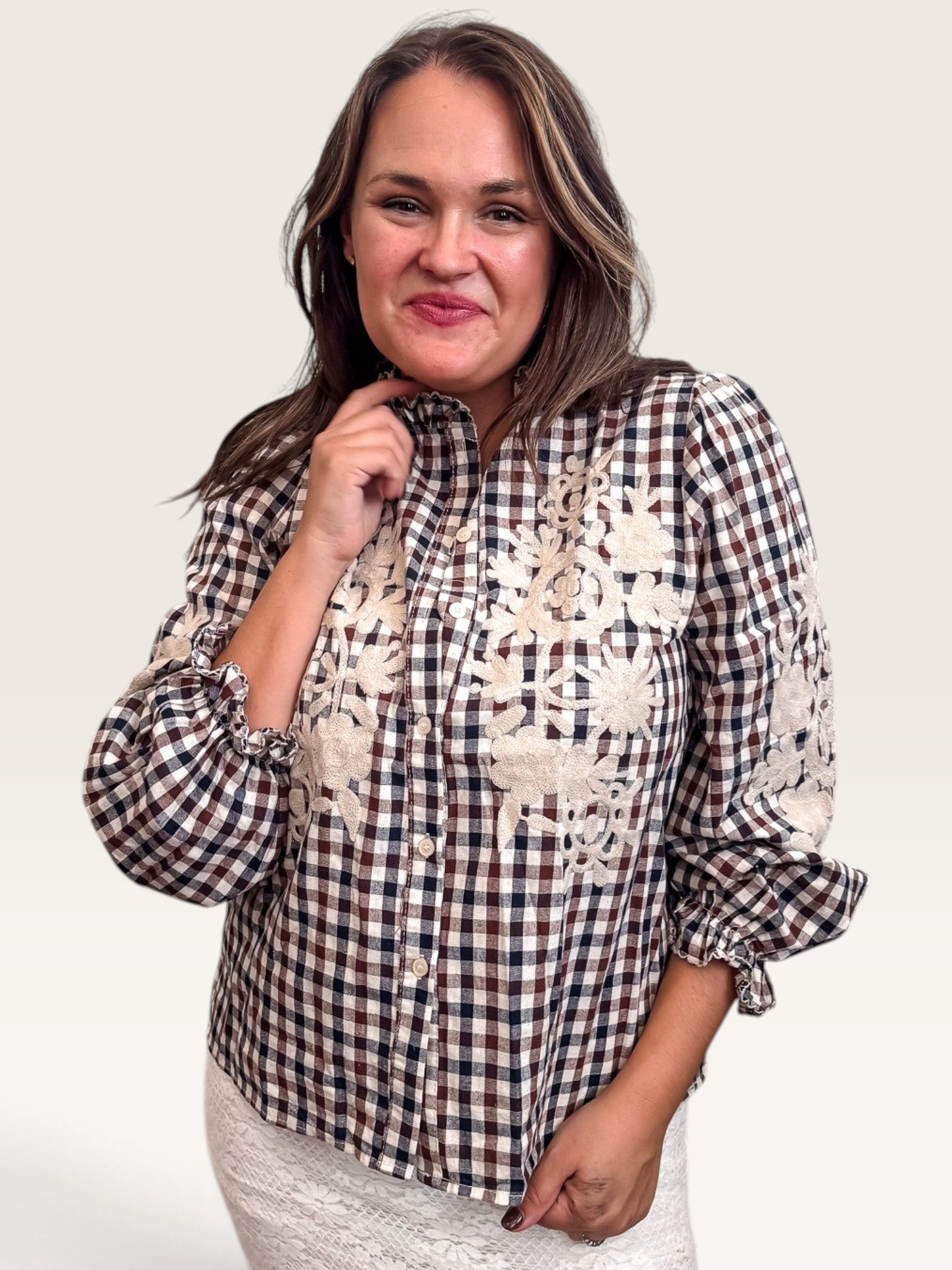 Embroidered Gingham Blouse - Brown